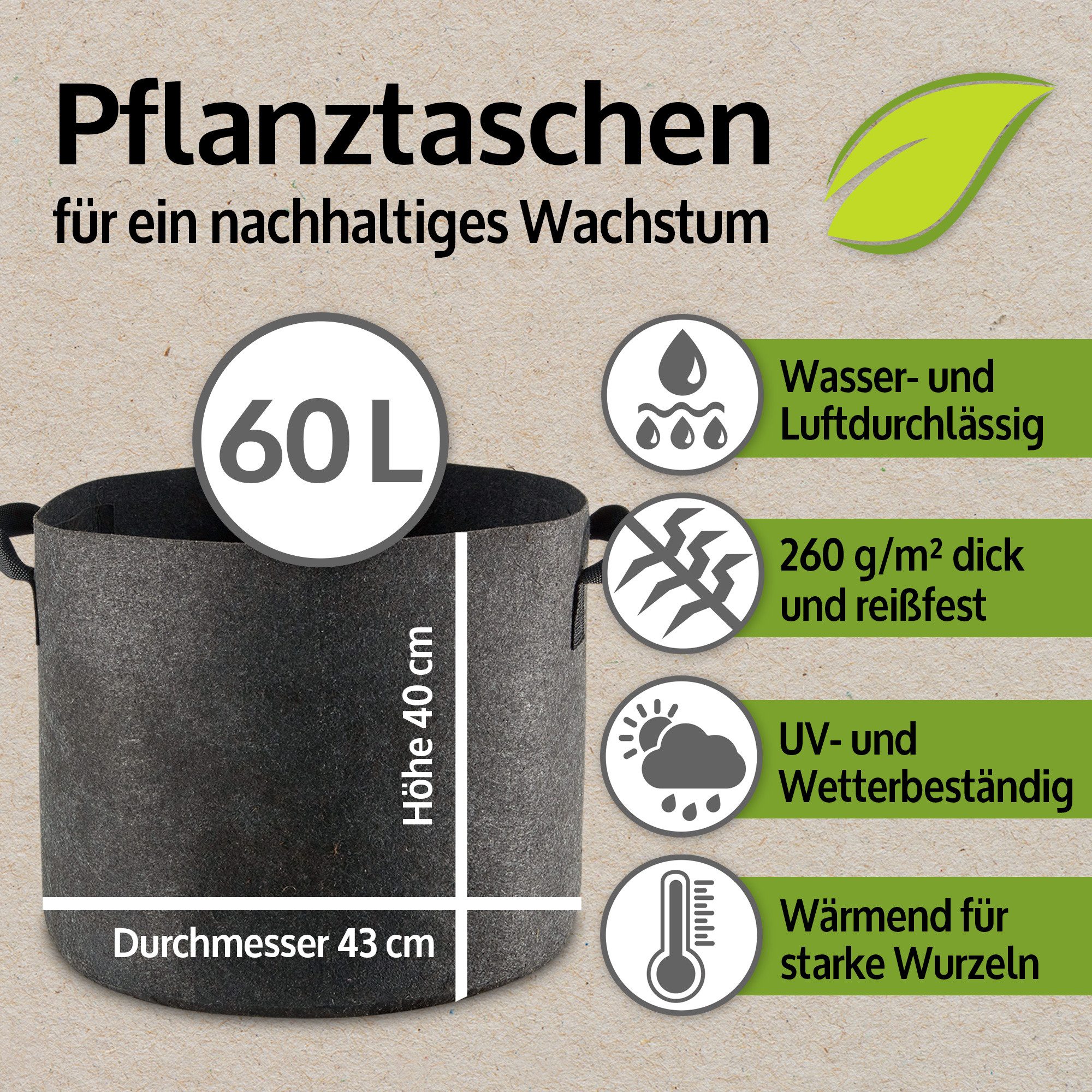 Zooprinz Pflanzkübel Pflanzsack Pflanztaschen 3er & 6er Sets 30 Liter 60 Liter (6 St), 260 g/m² Vliesstoff, Wasserabfluss, UV- und witterungsbeständig