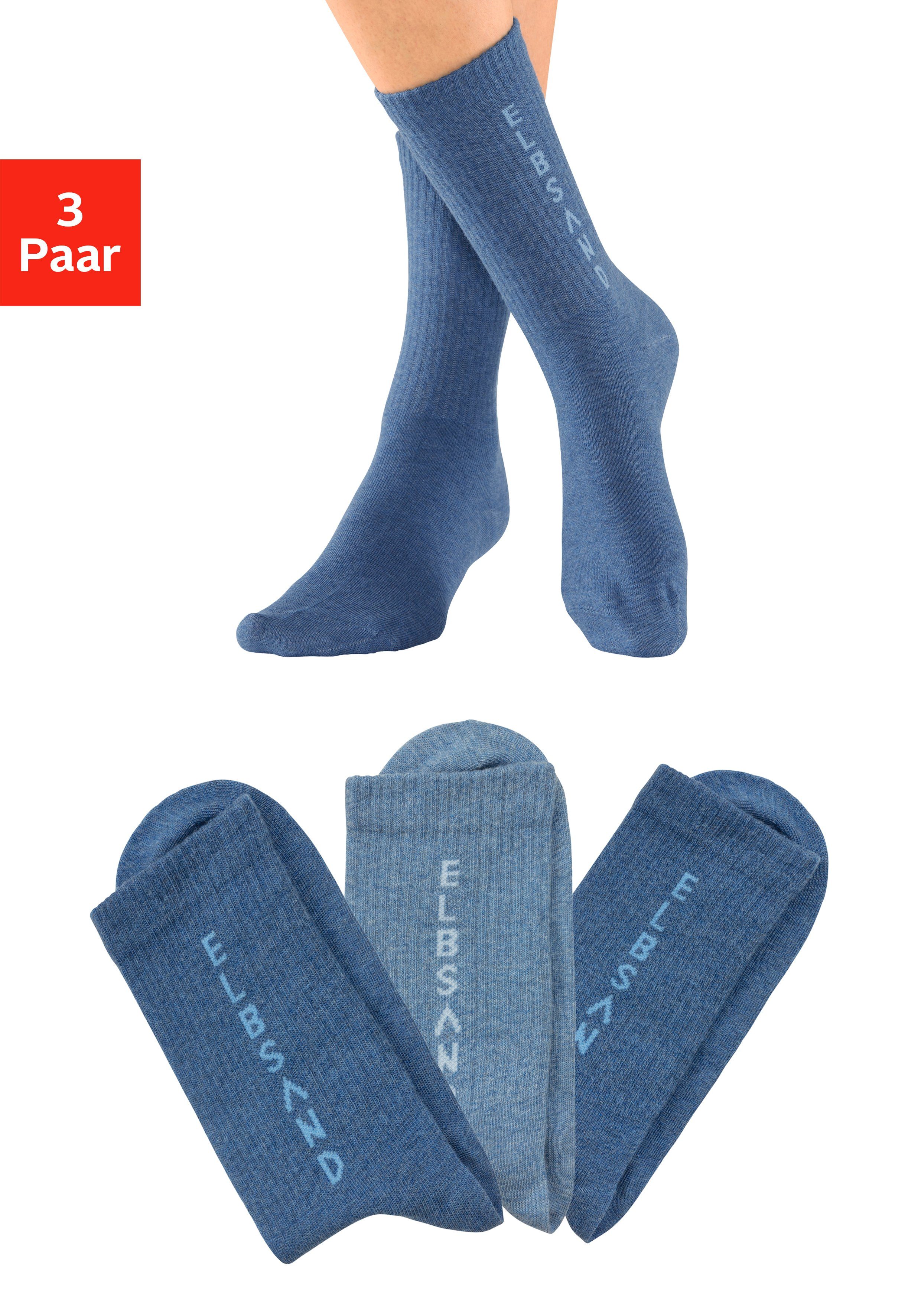 Elbsand Socken (3-Paar) mit eingestricktem Schriftzug 2x dunkel jeans meliert, 1x hell jeans meliert | Lange Socken