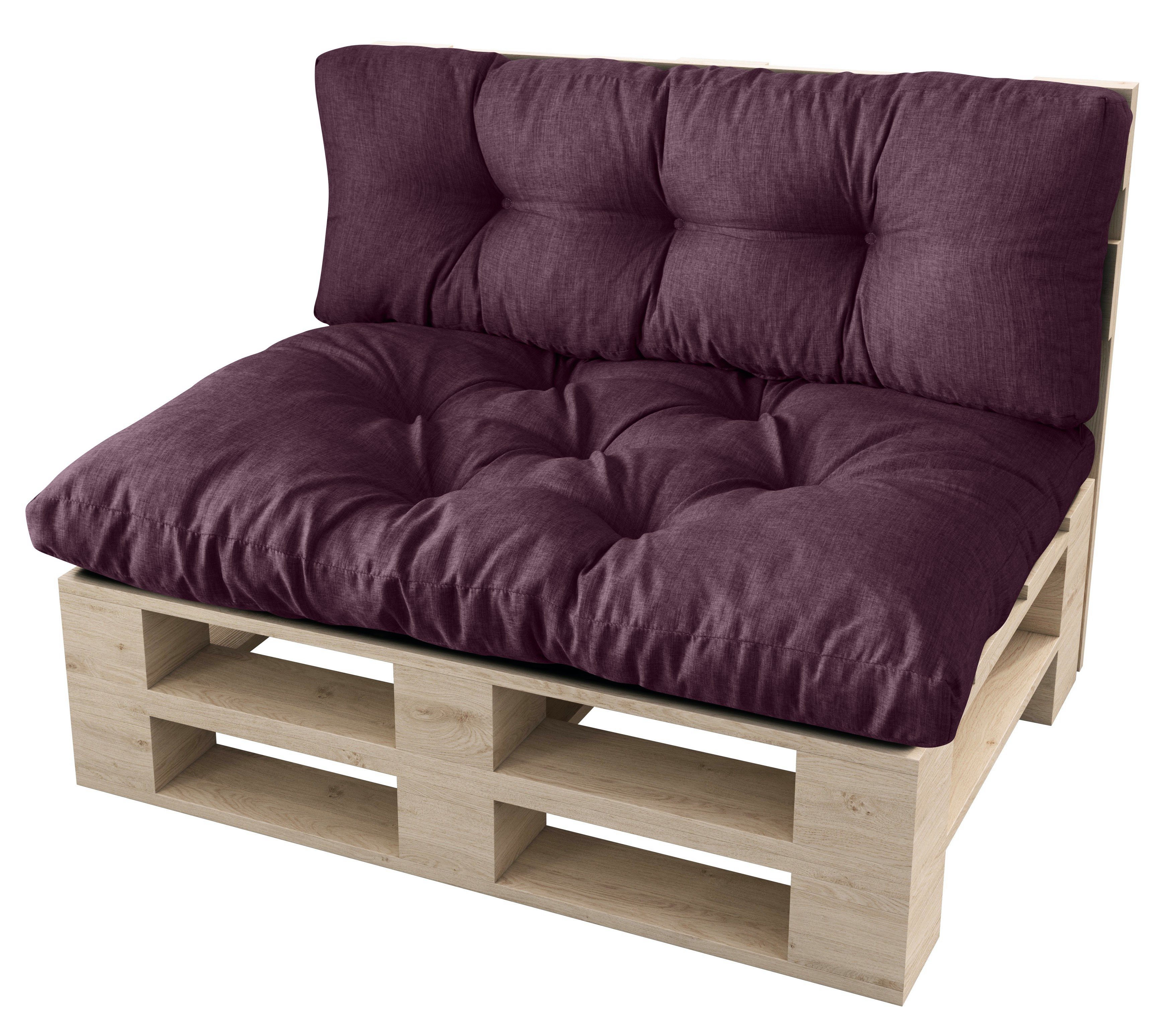 sunnypillow Palettenkissen Malmo 120x80x12 120x40x15, - palettencouch palettenmöbel + Violett Set Sitzkissen Rückenkissen polsterauflage