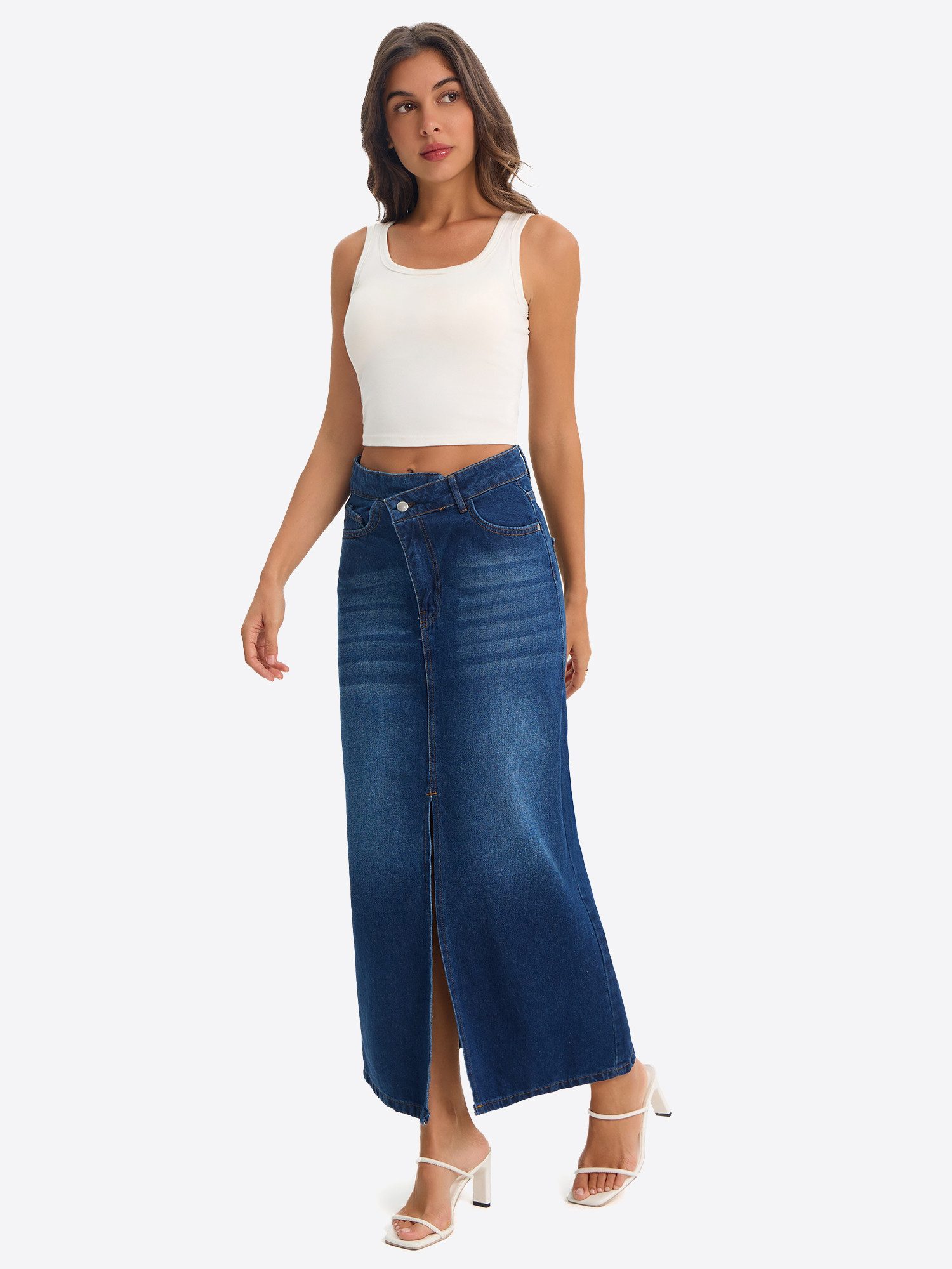Imily Bela Jeansrock Damen Midi mit vorderem Schlitz aus Baumwolle Denim Casual (Packung, 1-tlg., 1per-Pack) mit asymmetrischem Bund in Unifarbe