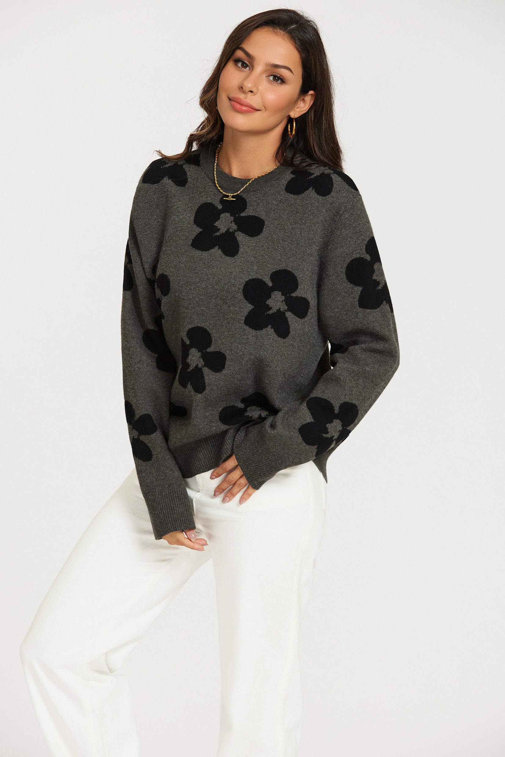 FS Collection Strickpullover Damen Blumenmuster Strickpullover Strickwaren Dunkelgrau (Einheitsgröße: UK 8–16 / EU 36–44) 56 % Viskose, 26 % Polyester, 18 % Wolle