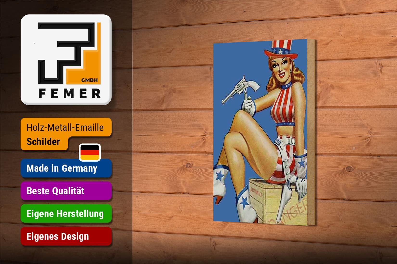 Femer GmbH Holzbild Pin Up 12x18 cm danger Cowgirl USA Pistole, Waffen (1 St), Glatte Holzfaserplatte (MDF), vorn beschichtet