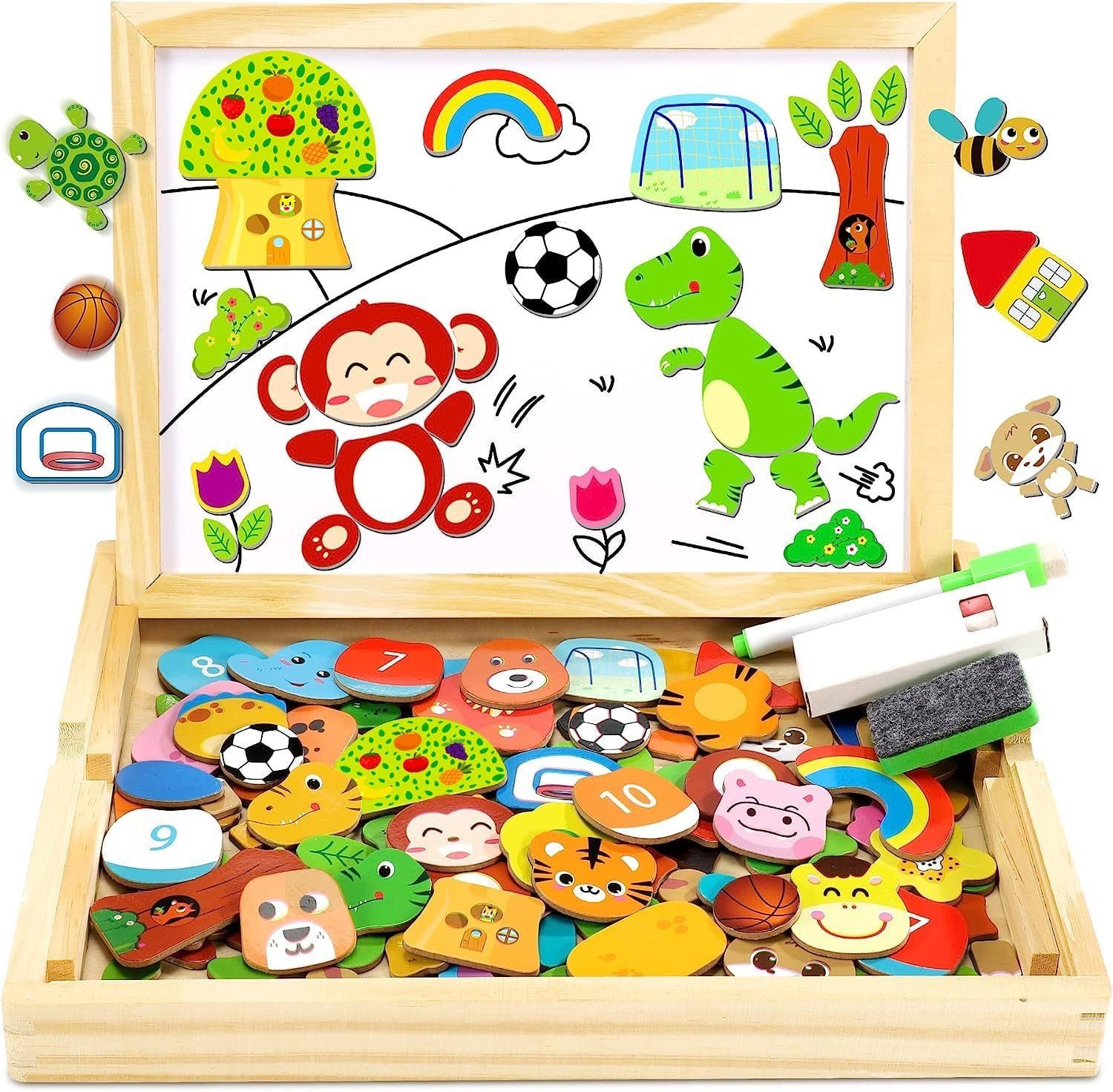 LENBEST Magnetspielbausteine Holzpuzzle mit Doppelplatte, Lernspielzeug für Kinder, (110 Stück magnetisches Holzspielzeug Tier- und Fußballmuster), Magnetplatte Magnet Kinderspielzeug magnetisches Spiel Puzzle