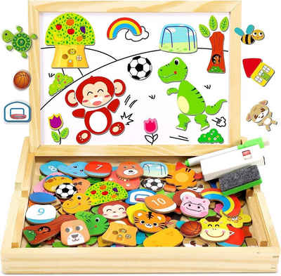 LENBEST Magnetspielbausteine Holzpuzzle mit Doppelplatte, Lernspielzeug für Kinder, (110 Stück magnetisches Holzspielzeug Tier- und Fußballmuster), Magnetplatte Magnet Kinderspielzeug magnetisches Spiel Puzzle