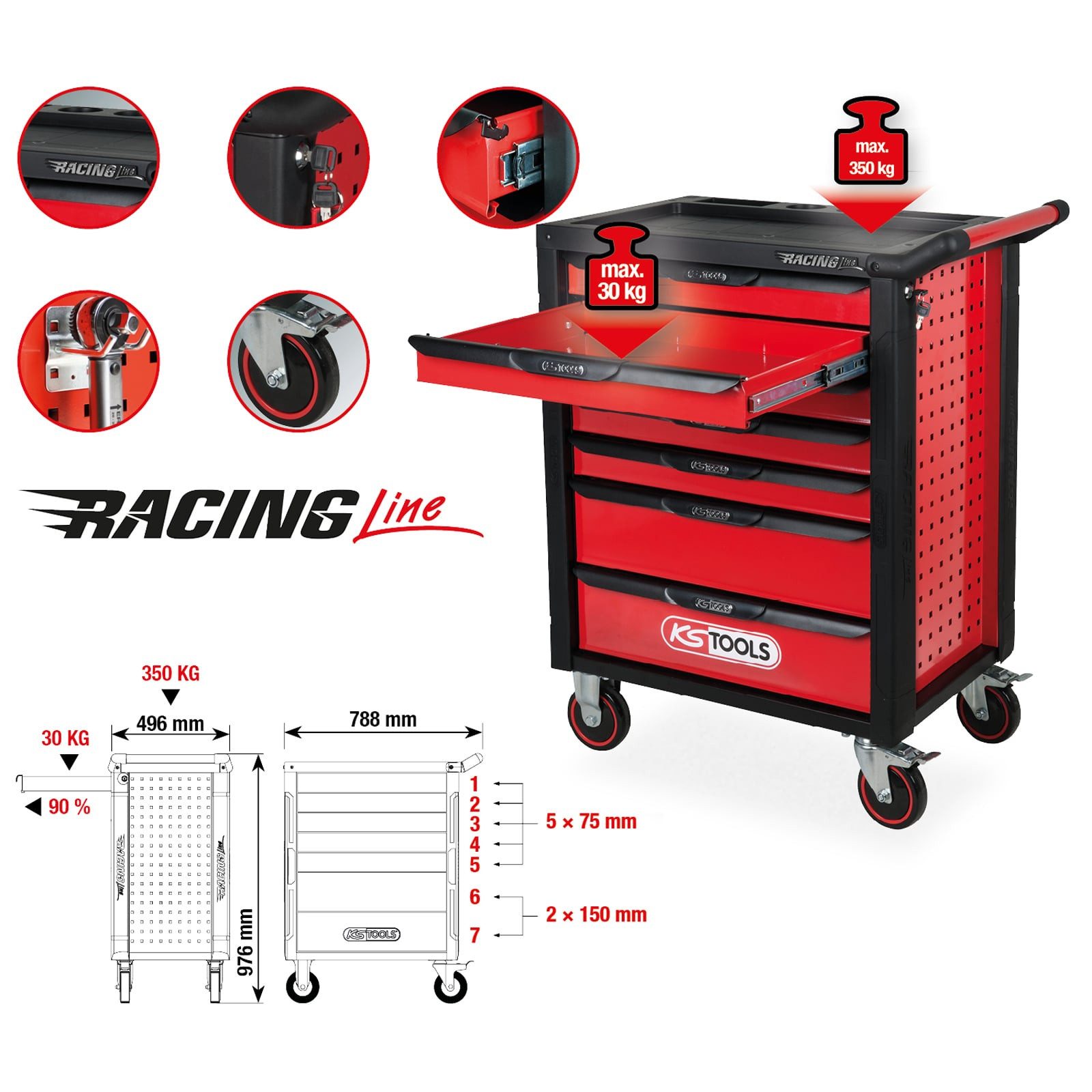 KS Tools Werkstattwagen KS TOOLS RACINGline SCHWARZ/ROT Werkstattwagen mit 7 Schubladen -...