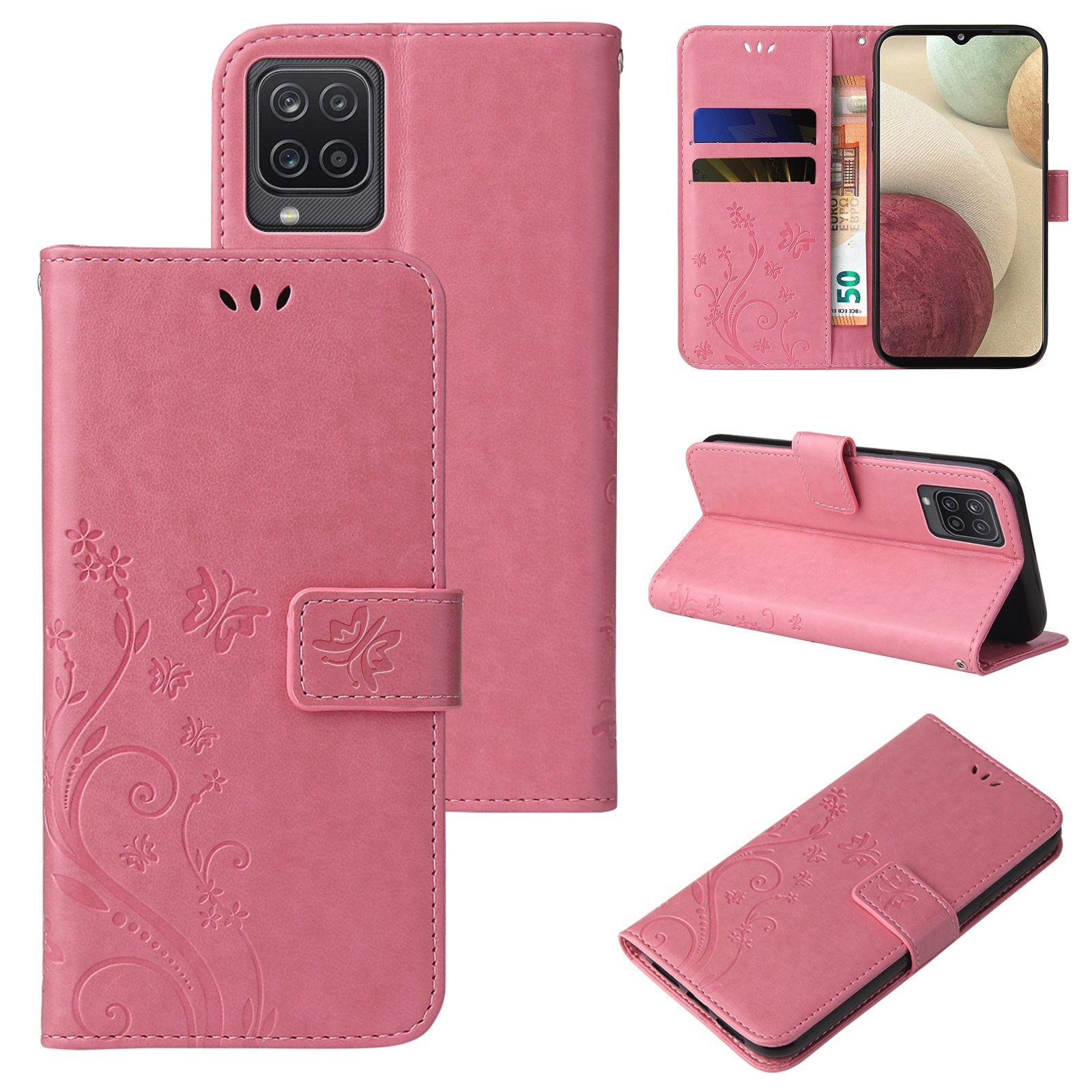 Tec-Expert Handyhülle Cover Tasche Hülle für Samsung Galaxy A12 6,5 Zoll, Klapphülle Case mit Kartenfach Fliphülle aufstellbar, Motiv Blumen