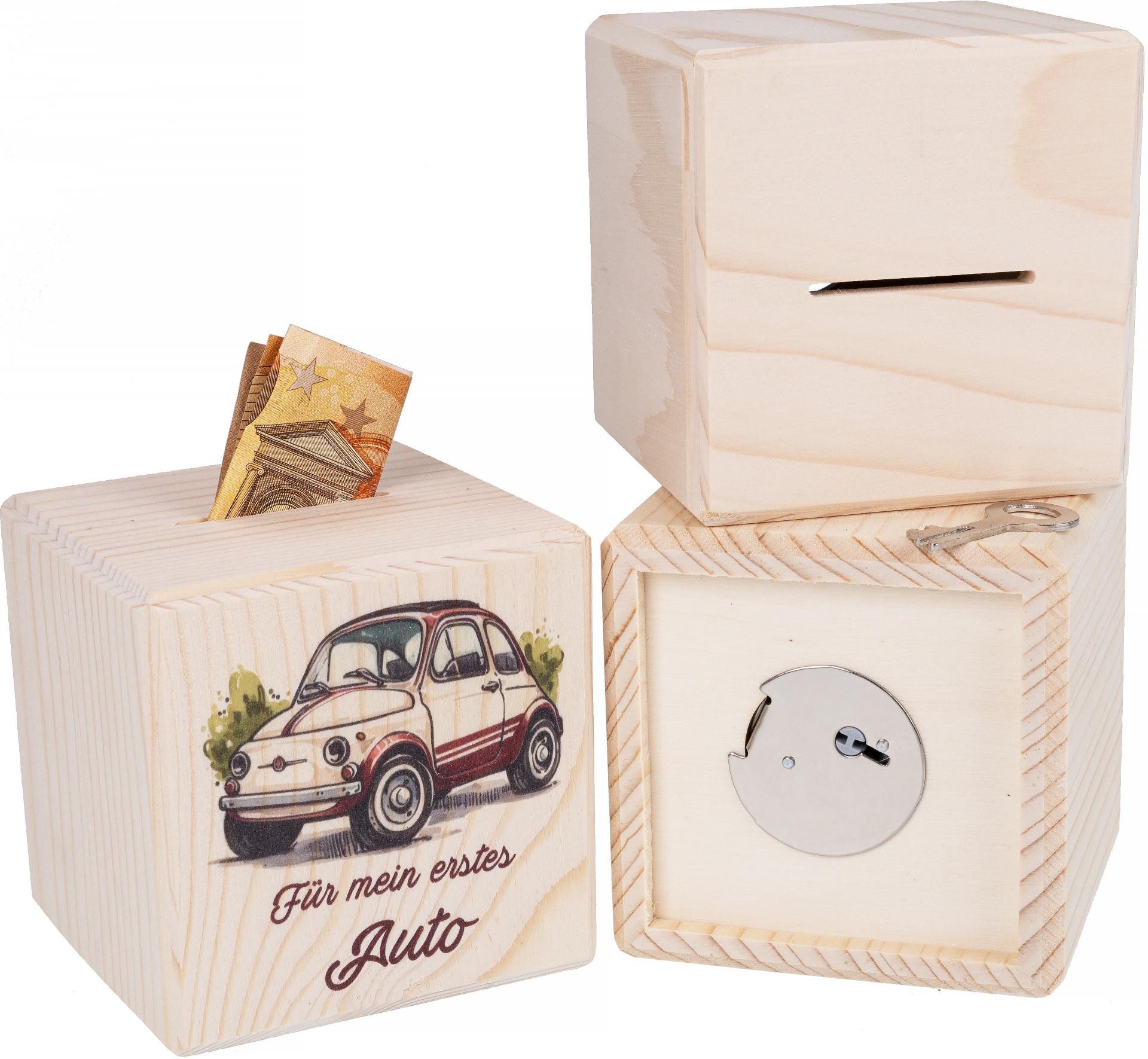 Holz Frank Spardose Holz Spardose Würfel mit Metallschloss - Für mein erstes Auto, (3-tlg)