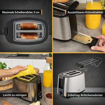 TZS FIRST AUSTRIA Toaster 2 Scheiben, Selbstzentrierfunktion, 7 Bräunungsstufen, 650-750W, für, Auftau- und Aufwärmfunktion, Brötchenwärmer, Schwarz/Edelstahl
