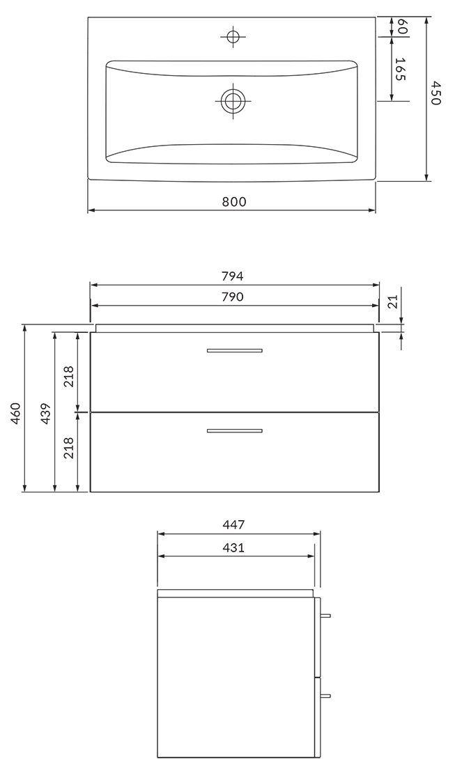 Badmöbel Grau LARA KOLMAN Set Schubladen Keramikwaschbecken & Waschbeckenunterschrank mit 80 Badezimmerschrank COMO