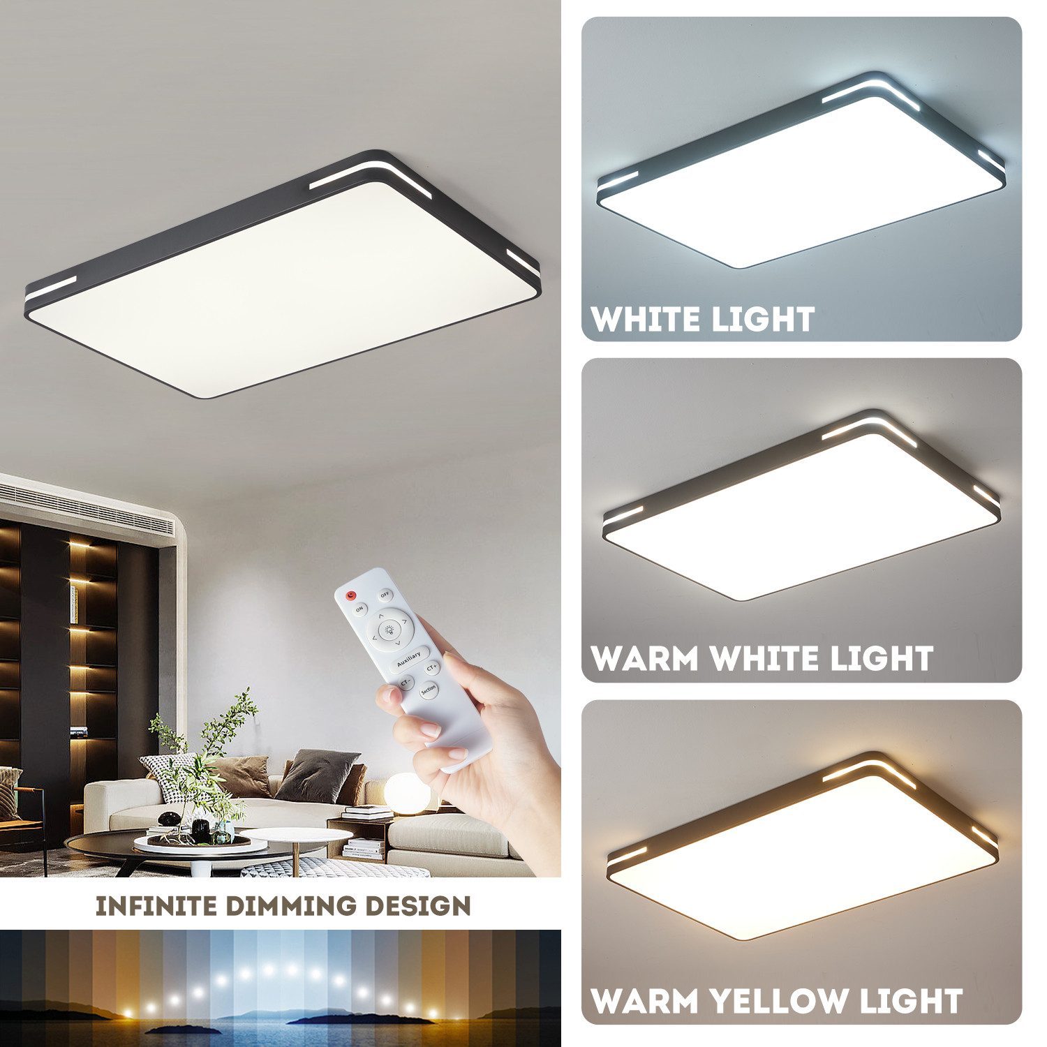 style home LED Deckenleuchte Deckenlampe aus Metall, 192W, LED fest integriert, Warmweiß bis Kaltweiß, für Wohnzimmer Schlafzimmer Büro, 90x60x5 cm,Schwarz