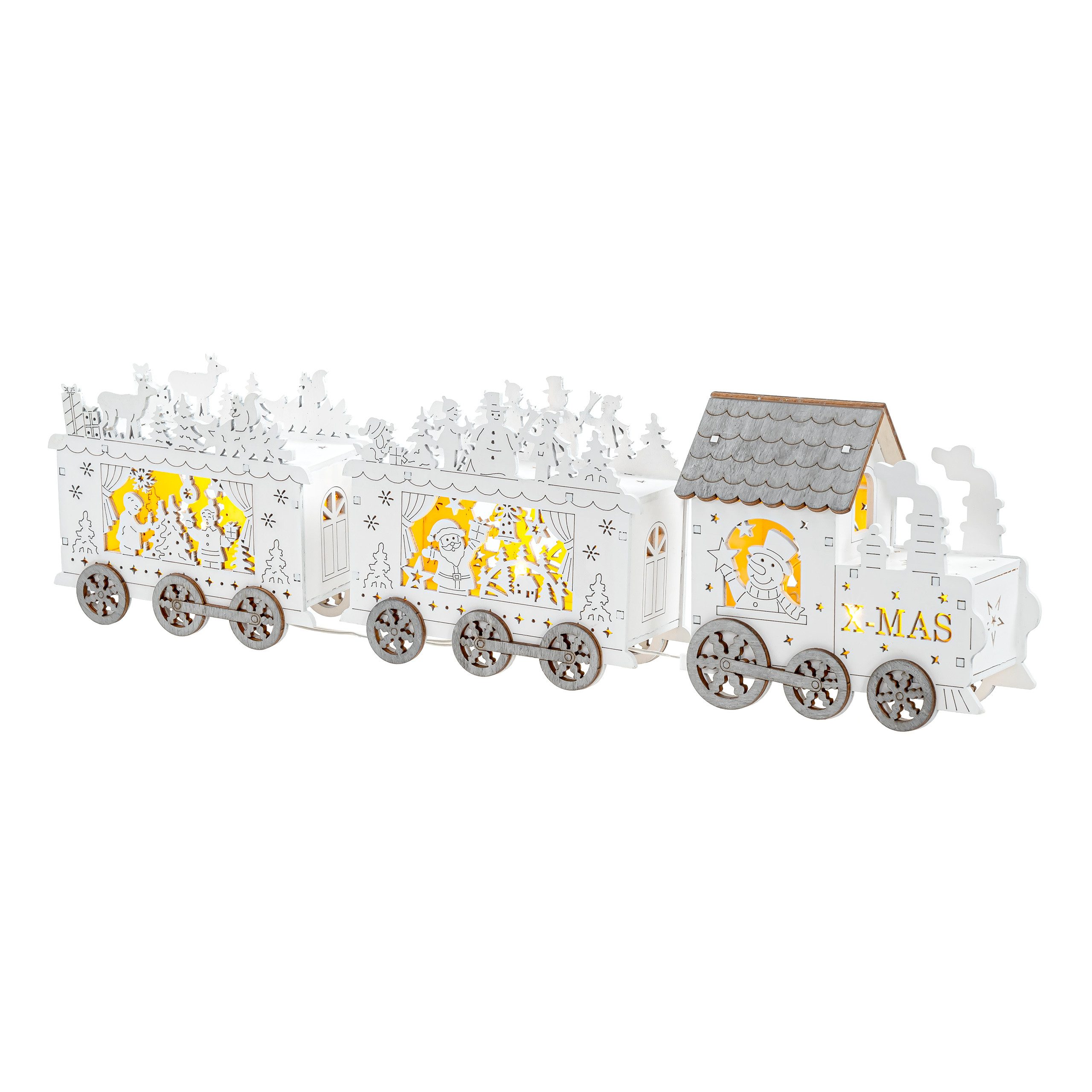 IC Winterworld Weihnachtsfigur LED Weihnachtszug aus Holz mit warm-weißen Lichtern beleuchtet, weiß lackiert, ca. 40 cm lang, X-Mas Zug