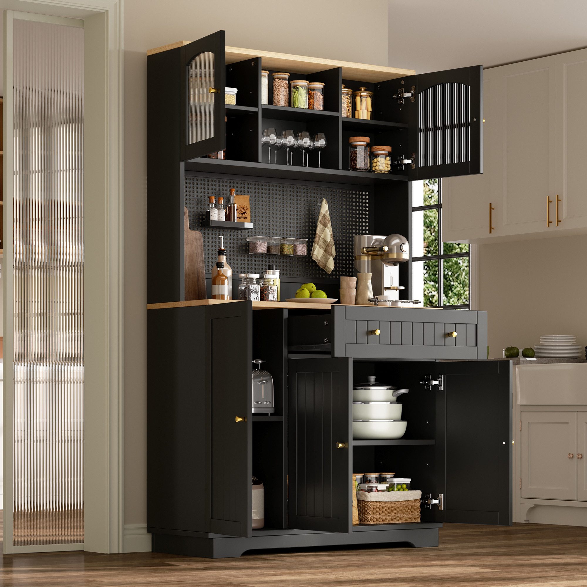 Flieks Küchenbuffet Hochschrank mit Lochwand, Glastüren, verstellbaren Einlegeböden (B103,5xT40xH180 cm) Mehrzweckschrank Küchenschrank mit Arbeitsplatte Vitrine Schwarz