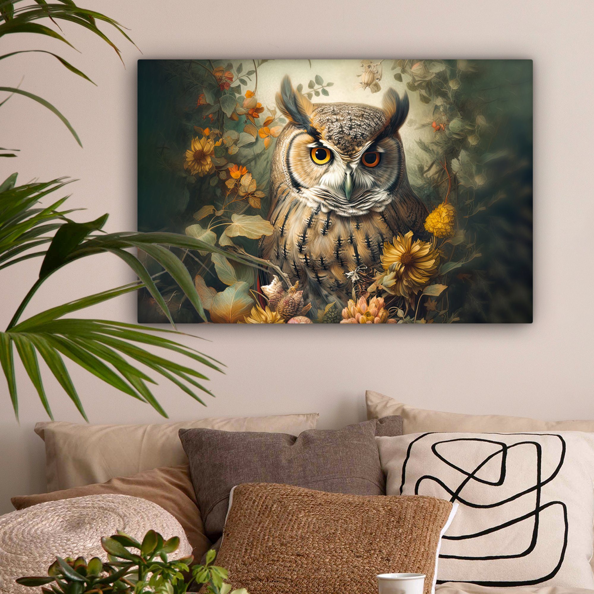 OneMillionCanvasses® Leinwandbild Eule - Vögel - Blumen - Natur, Fotodruck (1 St), Wandbilder Wohnzimmer Schlafzimmer 90x60 cm