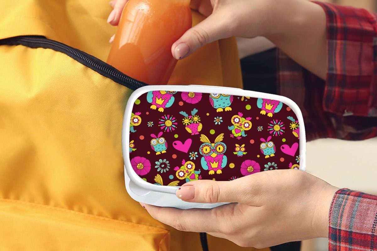 MuchoWow Lunchbox Mädchen - Eule Brotdose, Mädchen - Mädchen Kind - Kinder, weiß für - Brotbox - für und Kinder Kunststoff, Schokolade Erwachsene, Jungs Muster (2-tlg), - und