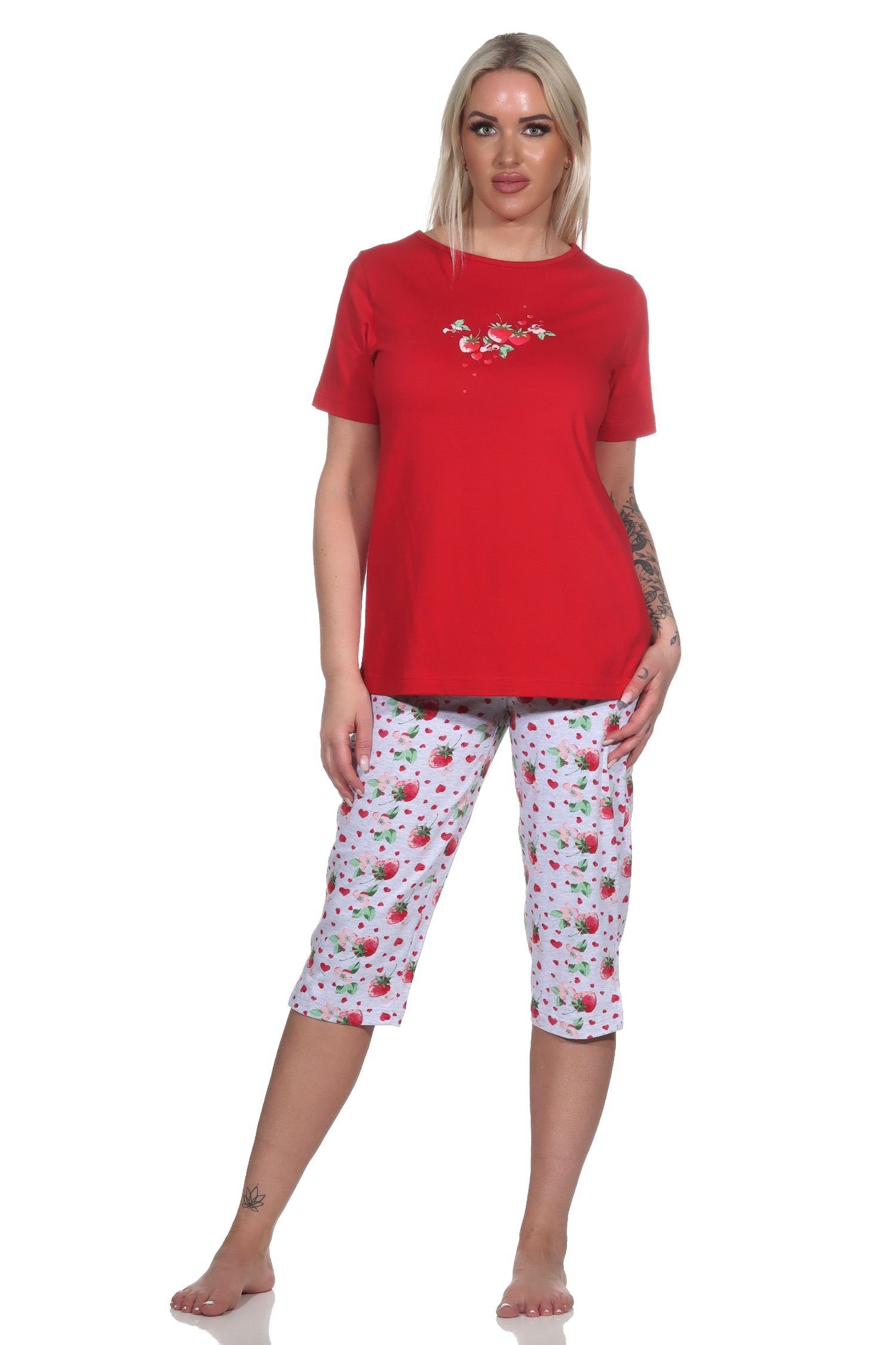mit als kurzarm rot Süsser Damen Erdbeeren Motiv Normann Pyjama Schlafanzug Capri