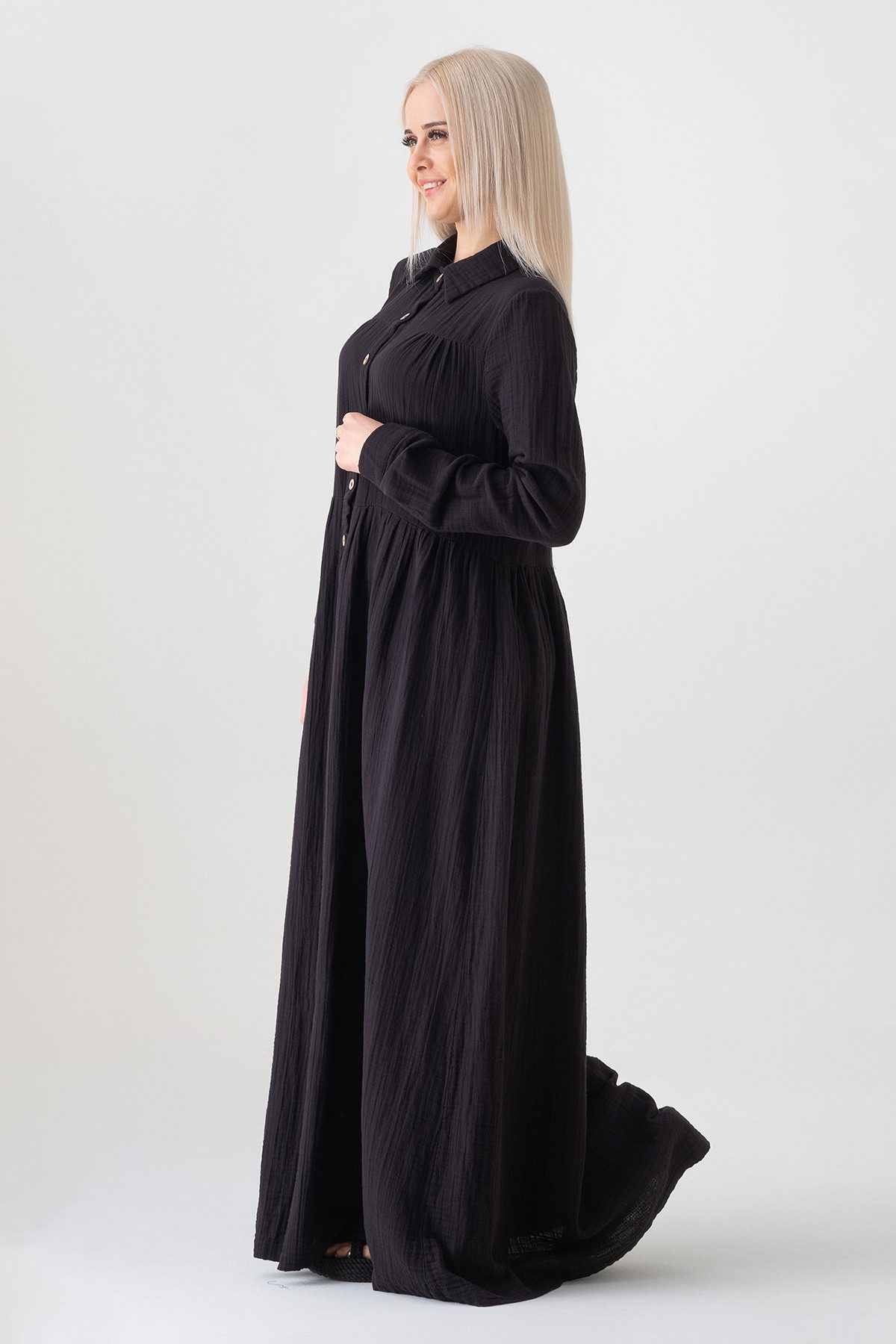 WENOR Sommerkleid Musselin Maxikleid 100% Baumwolle, mit Knopfleiste, 145 cm Modest hoher Tragekomfort, blickdicht, figurumspielend – Bild 3 von 5