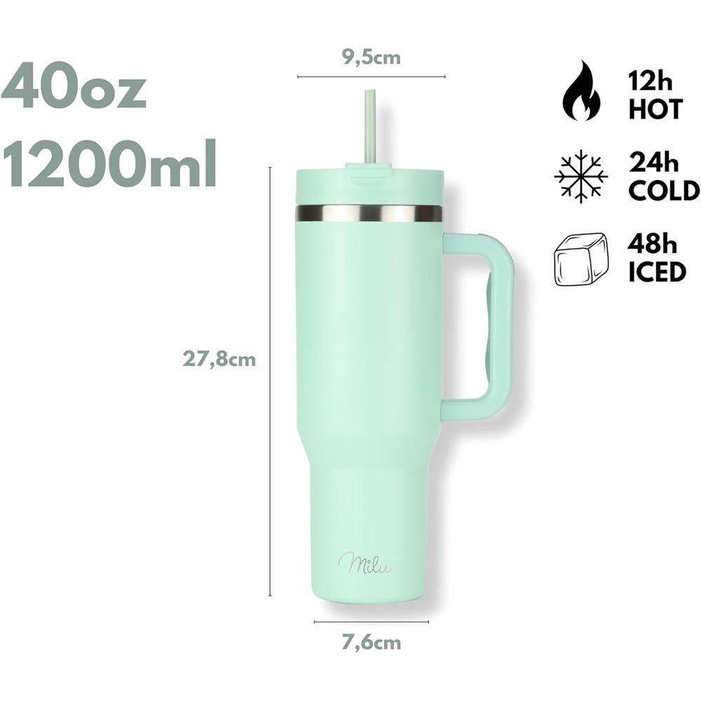 Milu Thermobecher Edelstahl Tumbler To Go 1200 ml, mit Strohhalm und Henkel