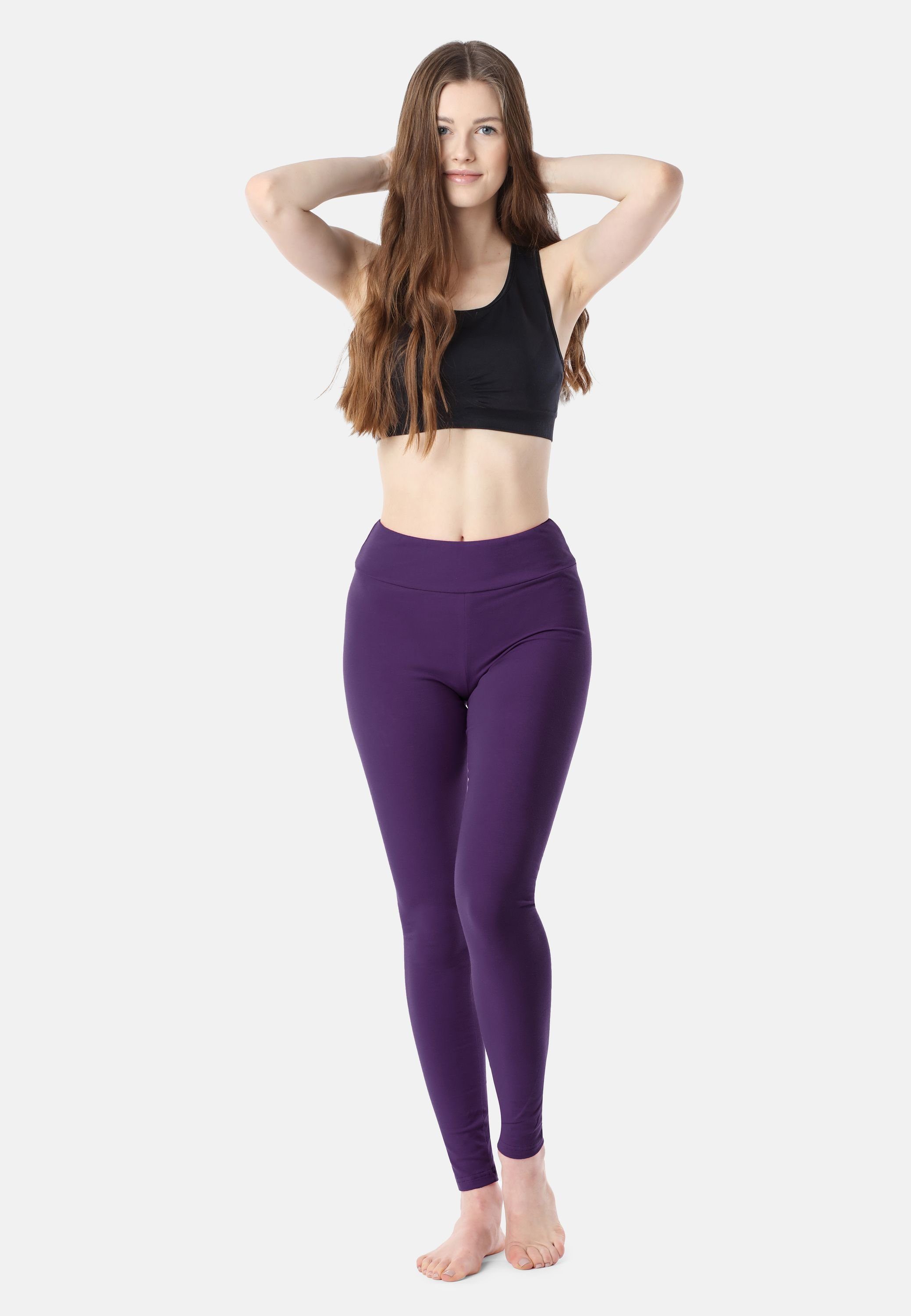 (1-tlg) Bund elastischer Style Merry Lange Leggings Damen Baumwolle MS10-429 Violett Leggings aus