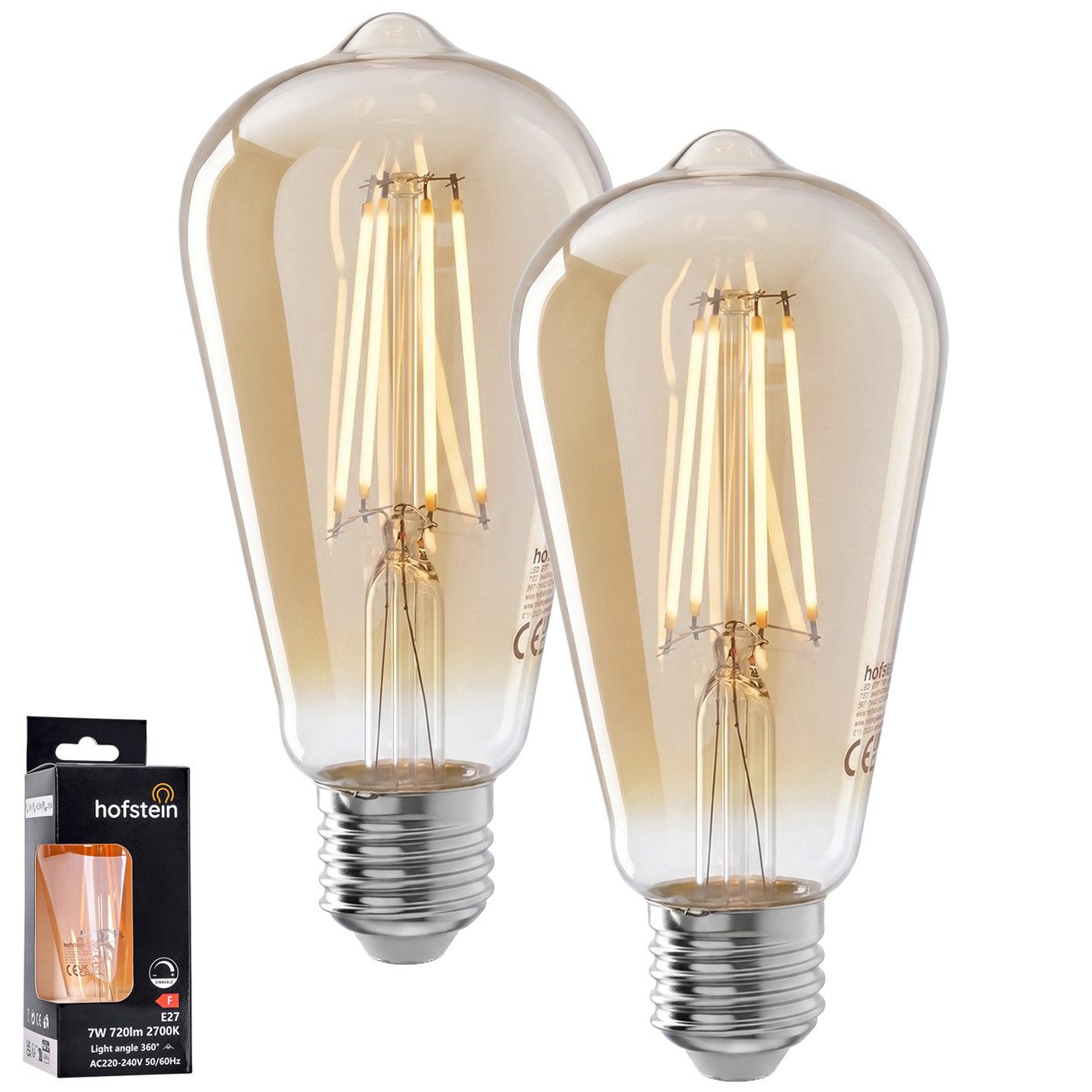 hofstein LED-Leuchtmittel 2er Set Glühbirne Warmweiß dimmbar 7 Watt, E27, 2700 Kelvin, 720 Lumen, Edison Vintage, Filament, Amber