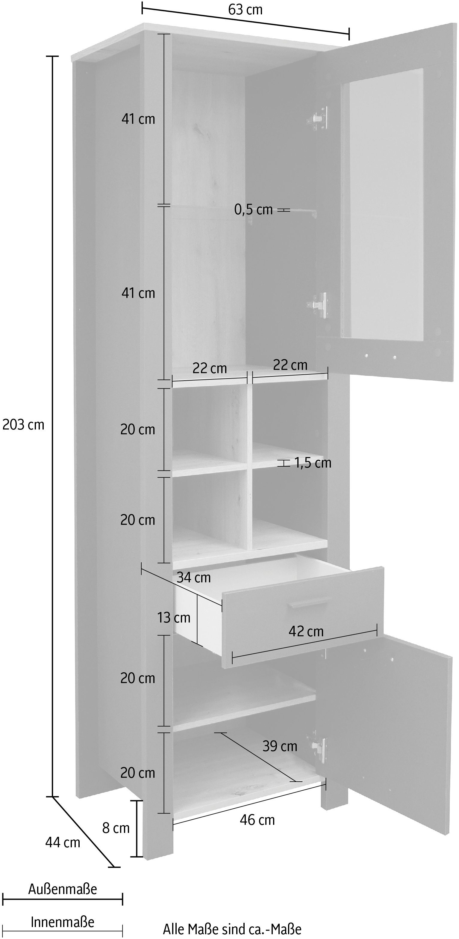 Mäusbacher Standvitrine Nele Höhe lack/asteiche matt | lack matt 203 kreidegrau cm kreidegrau