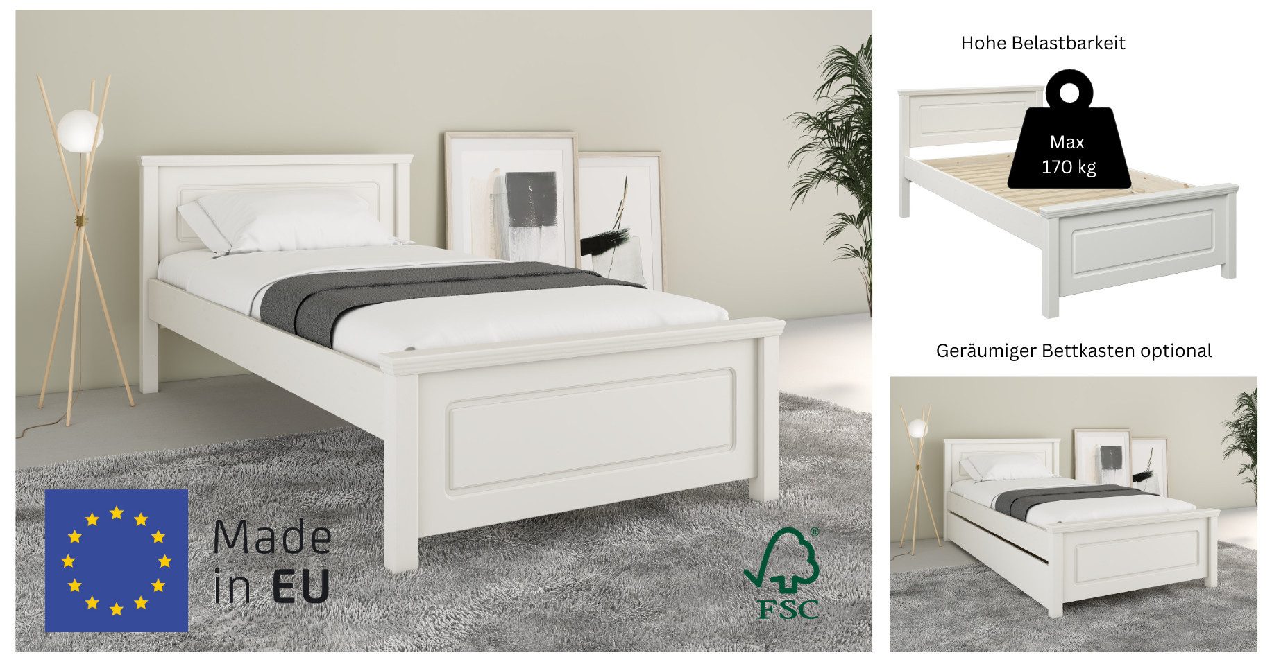 OTTO home Bett Svea, Komforteinstiegshöhe und Breite, auch für Senioren geeignet (H/B/L ca. 86/149,6/200 cm), Belastbarkeit 170KG! Schublade optional, Massivholz, mit Lattenrost