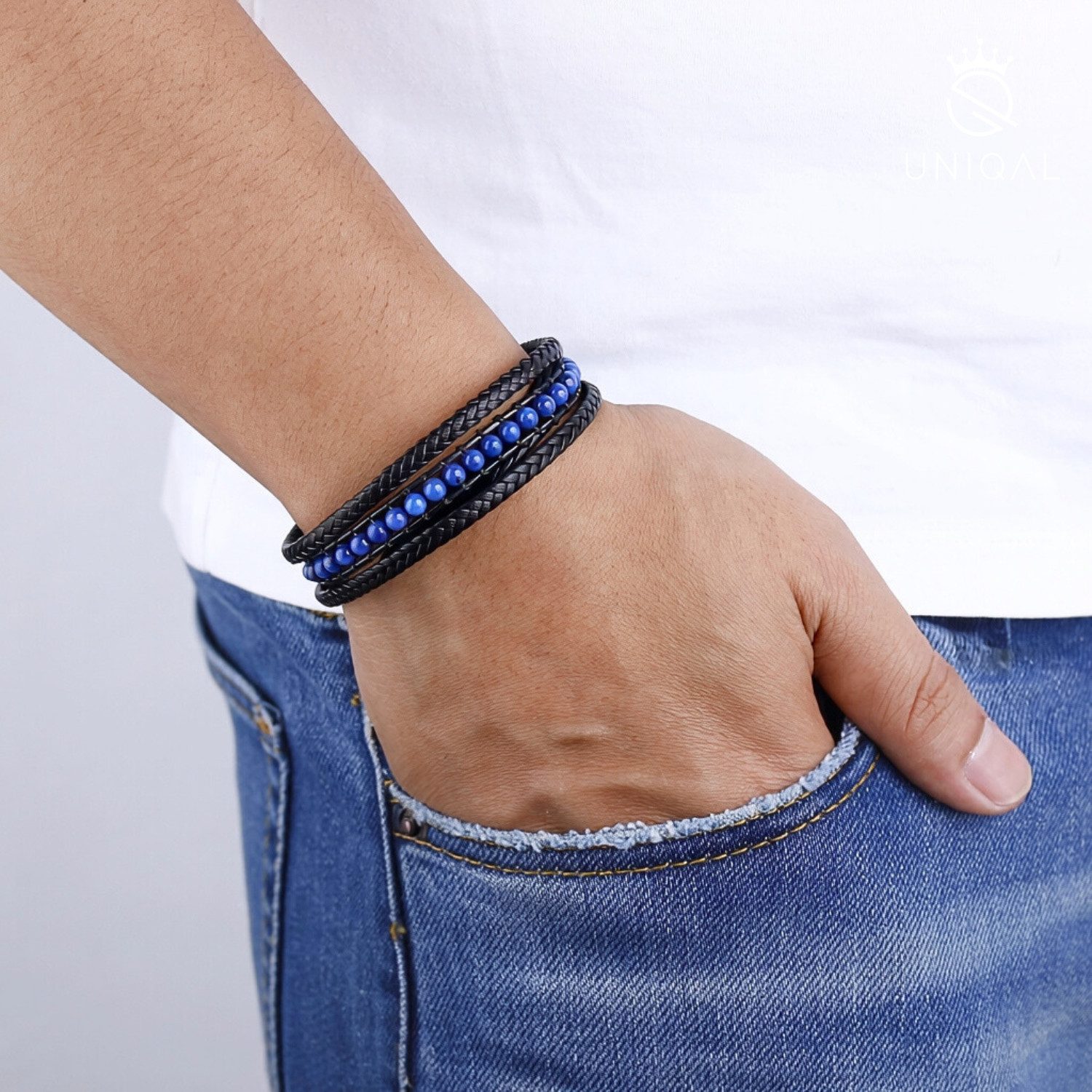 UNIQAL.de Lederarmband DELUXE – elegantes Unisex Natursteinarmband aus Echtleder (geflochten mit Magnetverschluss & Verlängerungsglied, edel, handgefertigt, hochwertig & perfekt als Geschenk), – deutsche Marke, registrierter Händler