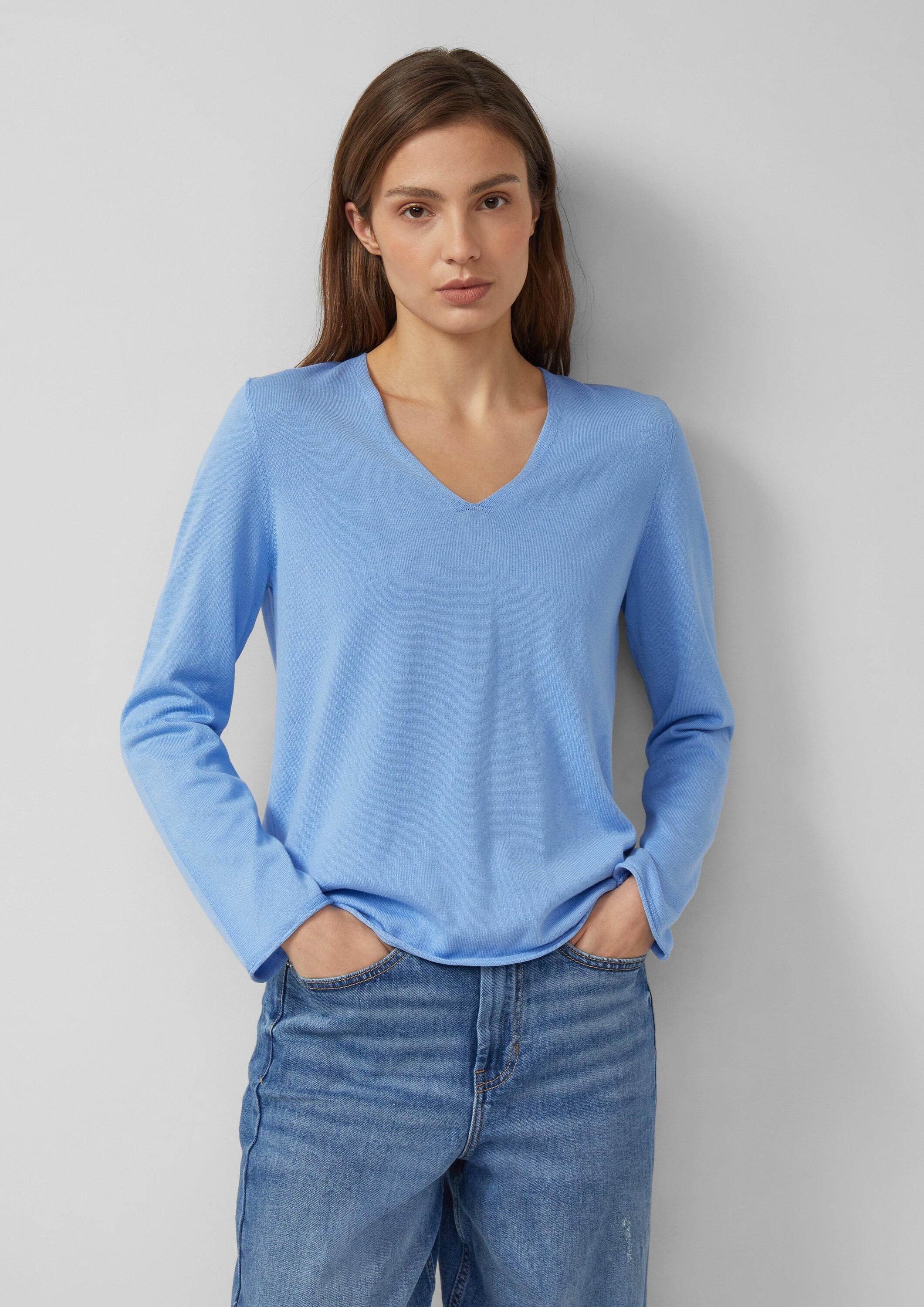 s.Oliver Longpullover Strickpullover Feinstrickpullover mit V-Ausschnitt und Rollkante am Saum