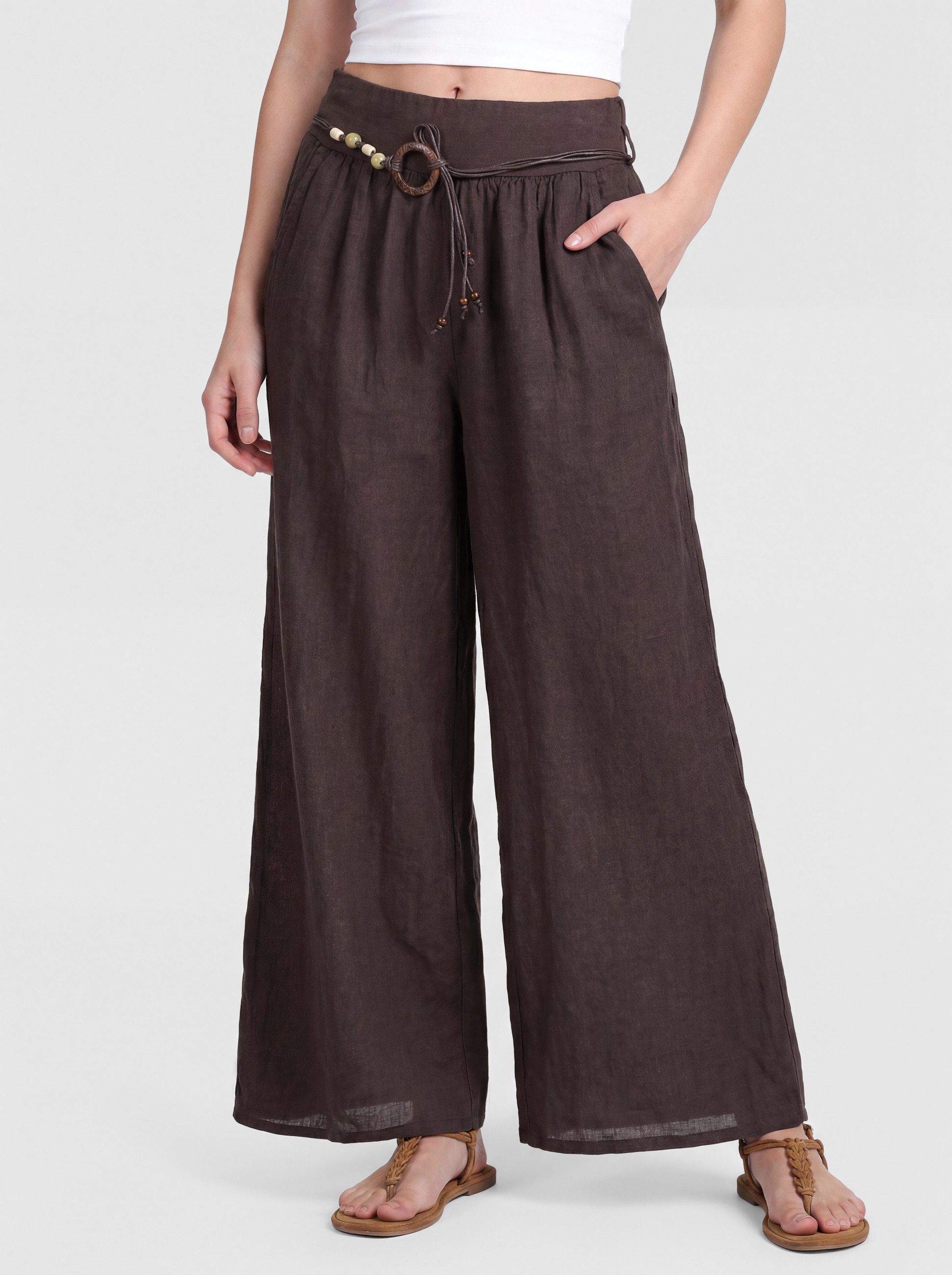 PEKIVESSA Leinenhose Wide-Leg Schlupfhose mit weitem Bein und Gürtel