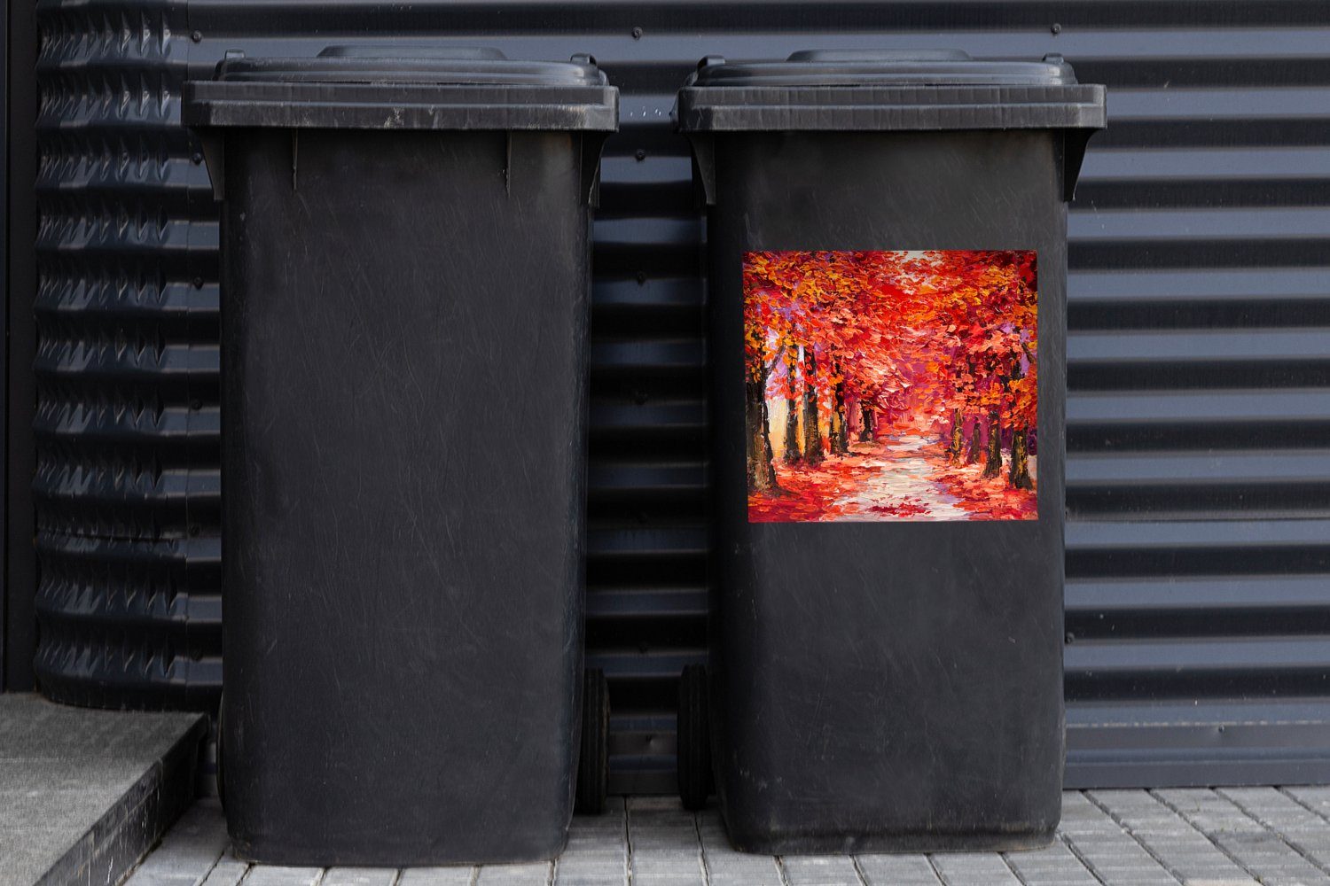 Ölgemälde MuchoWow Bäume Gemälde Container, Sticker, - St), - (1 Mülltonne, Mülleimer-aufkleber, - Herbst Wandsticker Abfalbehälter