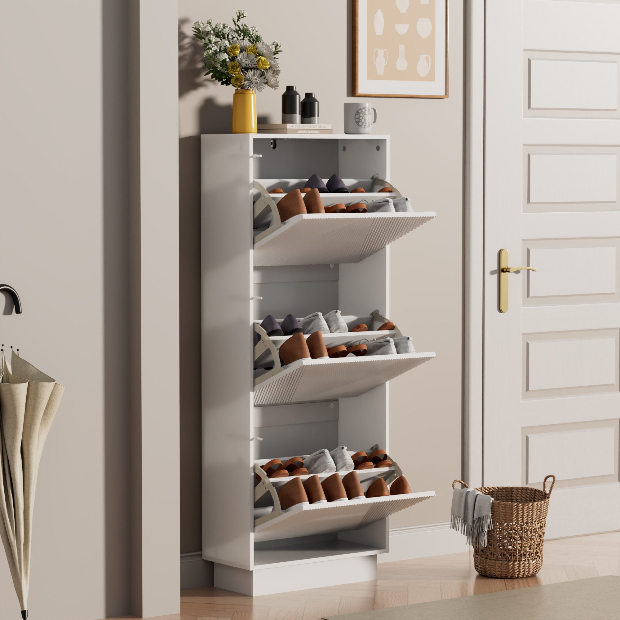 UEV Schuhschrank mit 3 Klappen Schuhkommode hoch schmal (Schuhaufbewahrung) Modern Schuhregal mit Kippschutz für Flur Eingang Platzsparend