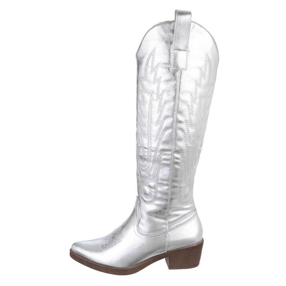 Ital-Design Damen Cowboyboots Western Westernstiefel Blockabsatz Western- & Bikerstiefel in Silber