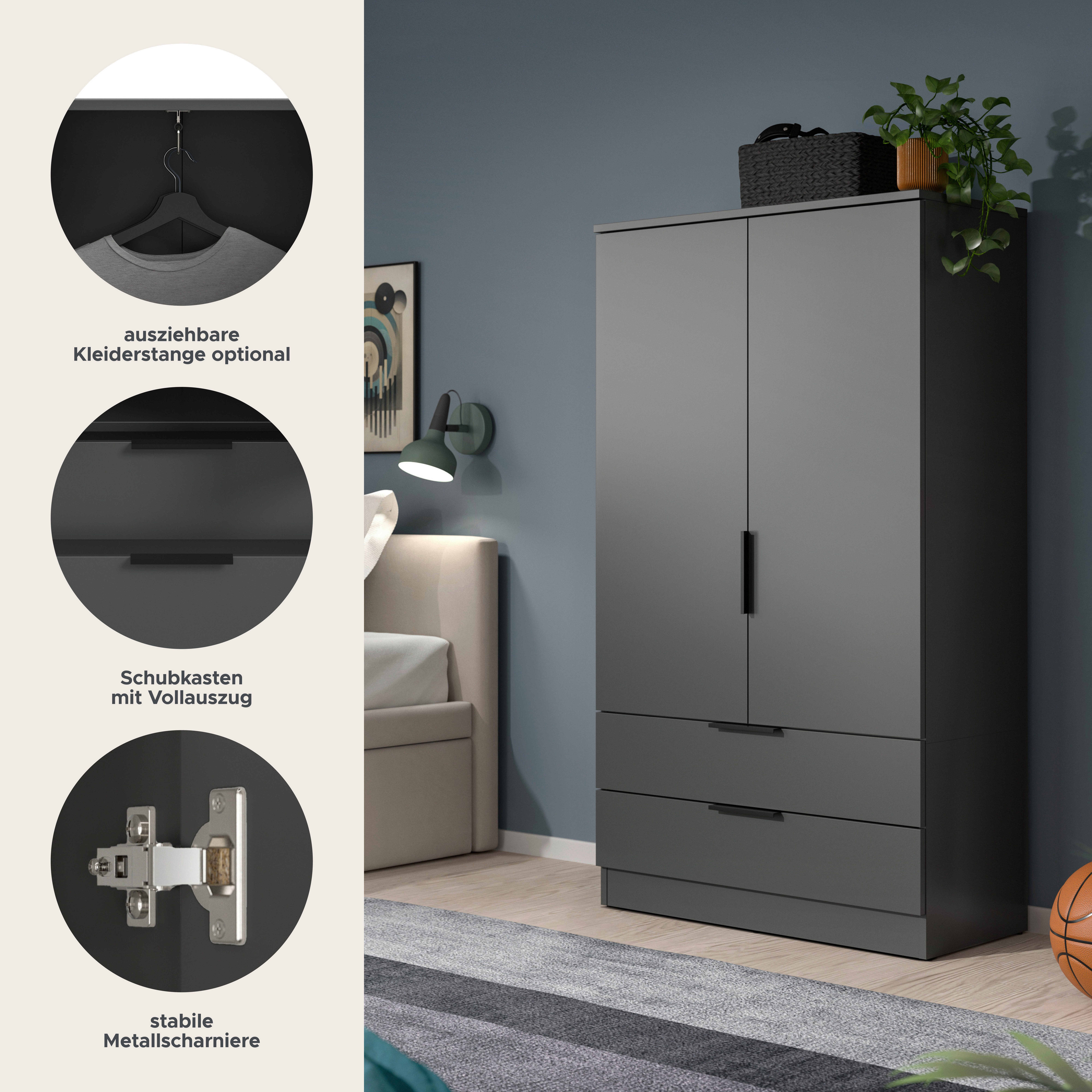 OTTO home Wäscheschrank SKARDE, Kleiderschrank, Schlafzimmerschrank, Schrank (1-St., Höhe: 140 cm, 2 Türen, 2 Schubladen, 1 Kleiderstange) OTTO BESTSELLER, Gard – Bild 2 von 5