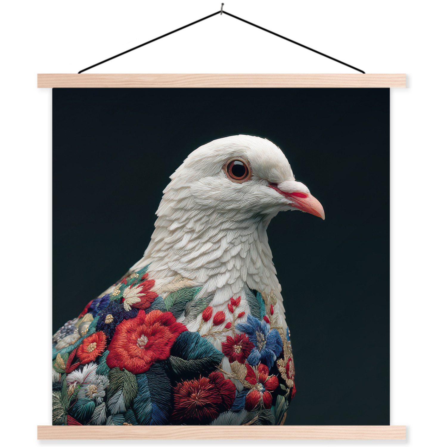 MuchoWow Poster Taube - Blumen - Weiß - Schwarz, (1 St), Posterleiste, Textilposter für Wohnzimmer, Bilderleiste, 40x40 cm