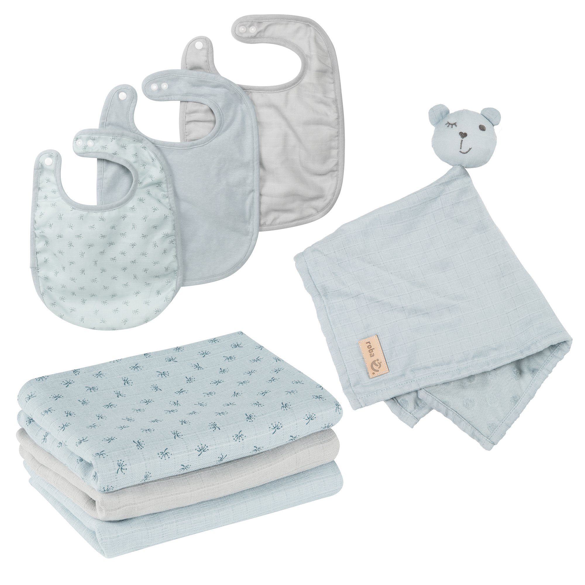 roba® Neugeborenen-Geschenkset Lil Planet 3 Lätzchen, 3 Windeln und ein Schmusetuch mit Häschengesicht hellblau/sky