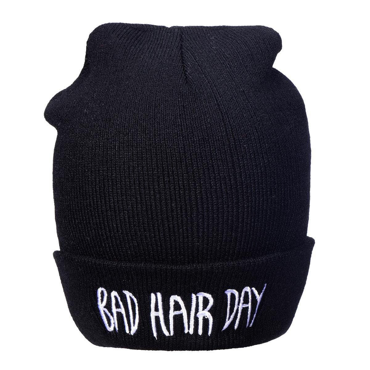 "BAD DAY" Beanie (Packung, Wintermütze, Statement-Print, - Beanie mit schwarz Winter Strickmütze Stylische Krempe HAIR coolem mit DonDon Damen 1-St)