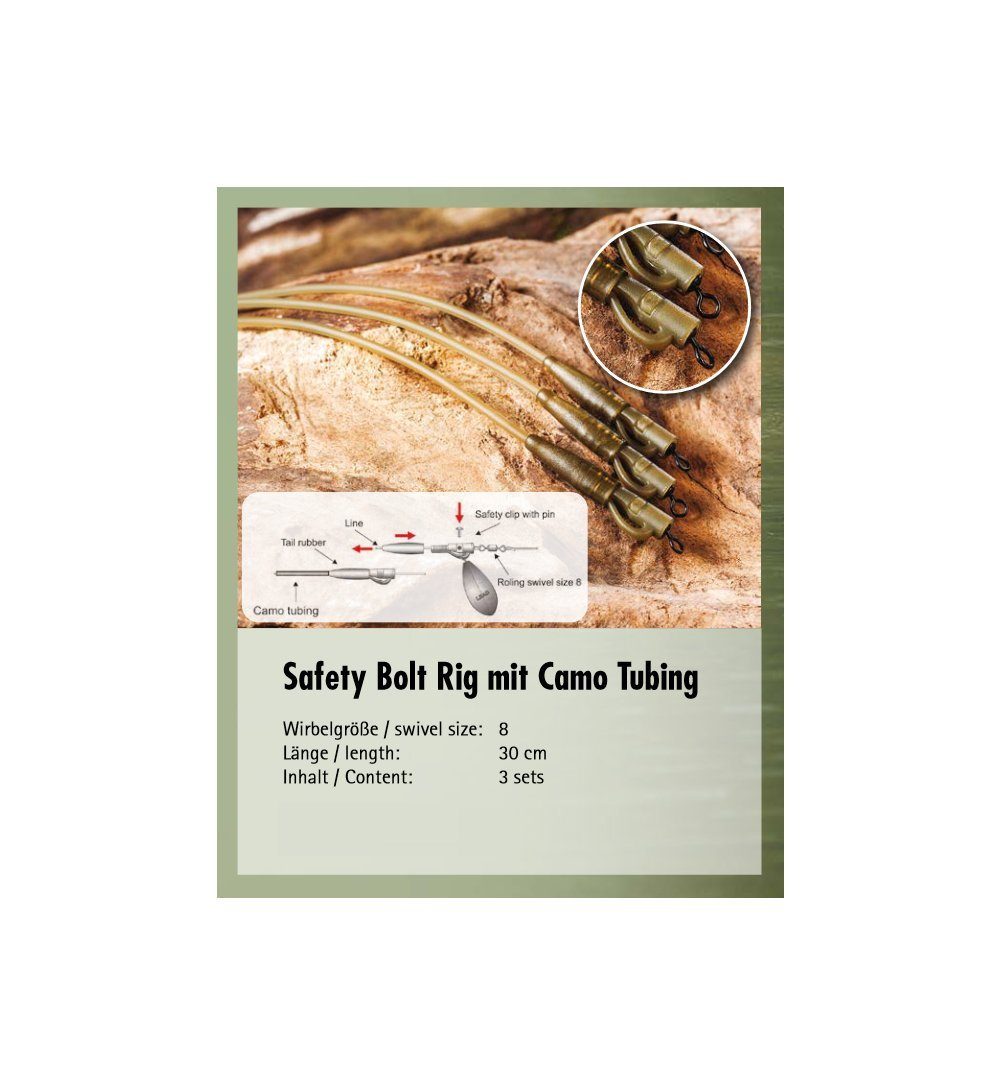 Clips Karpfenvorfach 3er (3-St) Tubing mit Blei Camo Set Safety Behr Vorfachschnur Carp,