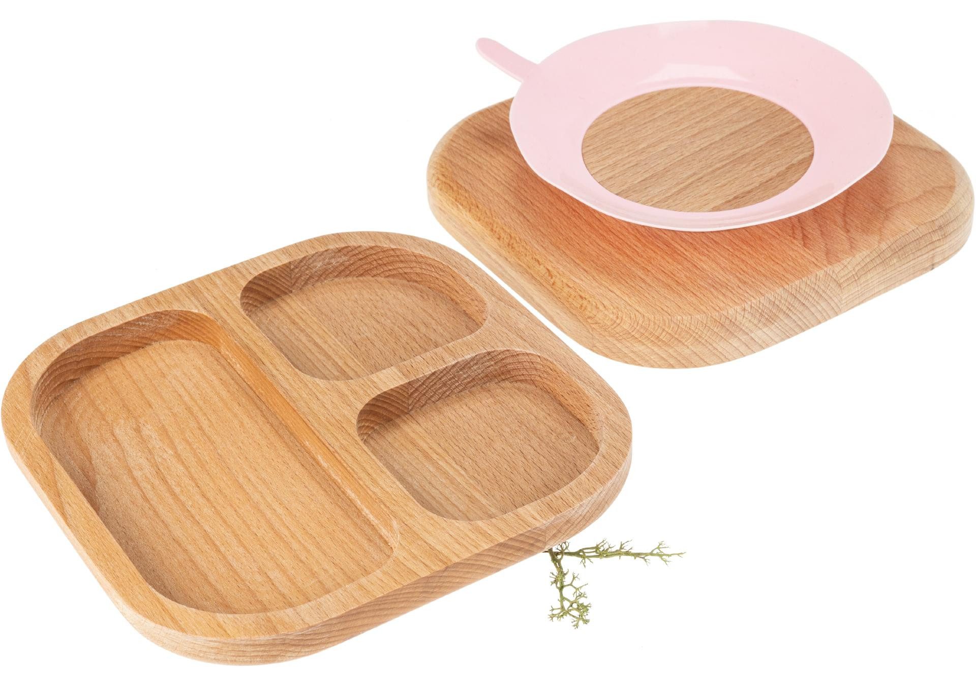 Holz Frank Kindergeschirr-Set Holz Kinderteller dreifach unterteilt - Buche geölt mit Saugnapf Rosa, Holz