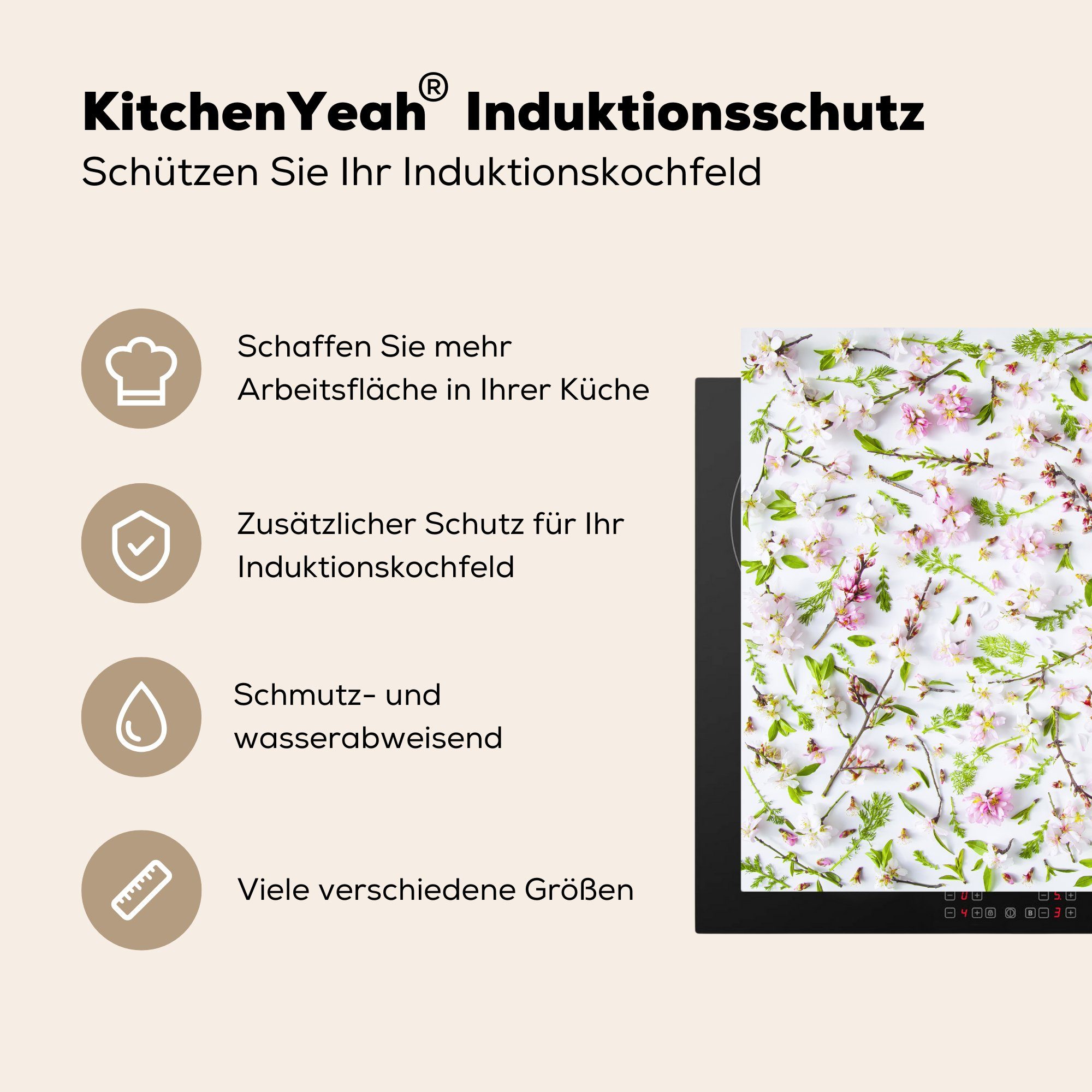 78x78 Vinyl, rosa Herdblende-/Abdeckplatte küche Ein weißes tlg), und Blumenmuster, (1 Ceranfeldabdeckung, cm, für Arbeitsplatte MuchoWow
