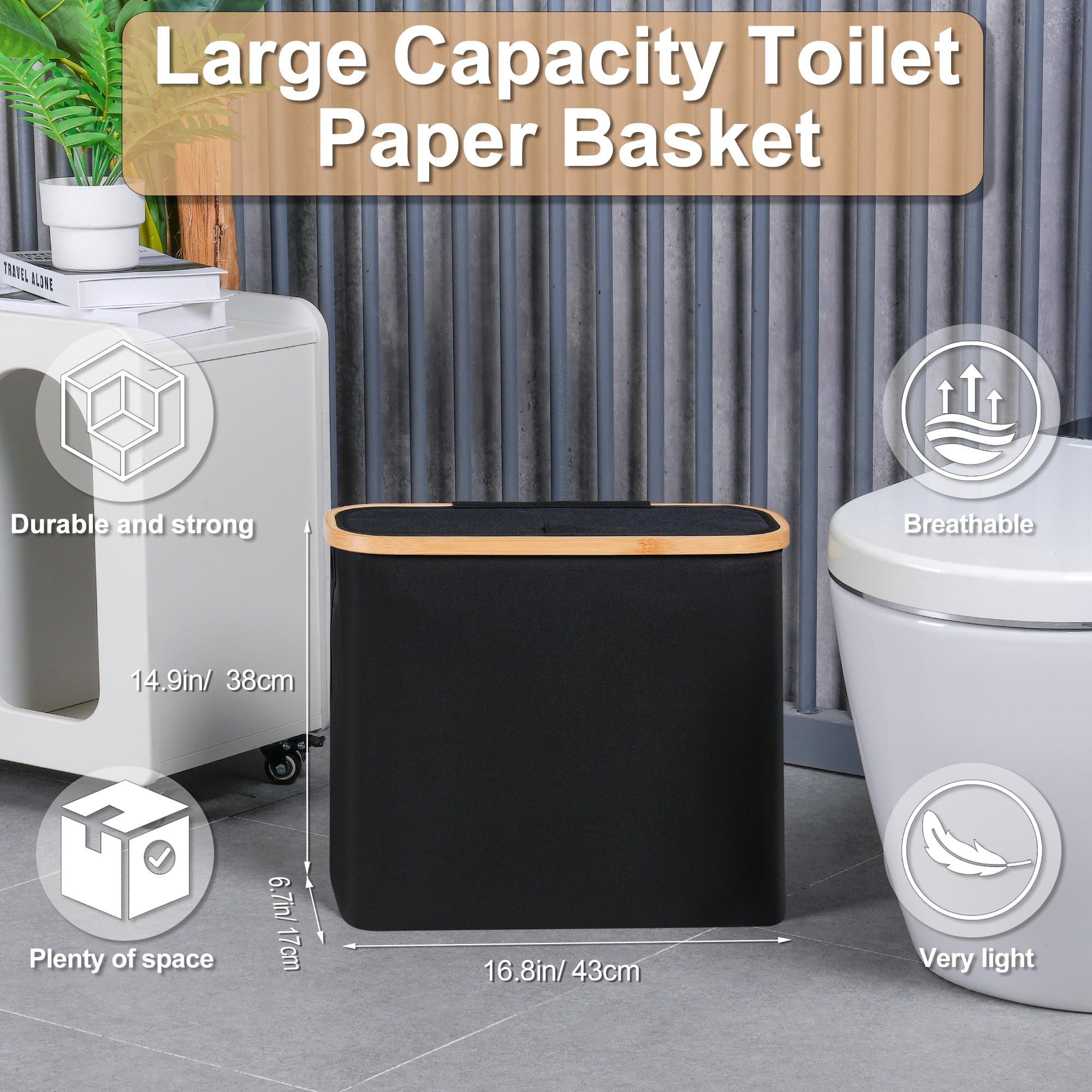 SURFOU Toiletten-Ersatzrollenhalter 28 L Toilettenpapier Aufbewahrungskorb mit Bambusdeckel (Schmaler Badezimmer Organizer für 9–12 Rollen Klopapier – faltbarer Aufbewahrungskorb mit Bambusrahmen, 1-St., Oxford-Gewebe und Deckel, ideal für kleine Räume)