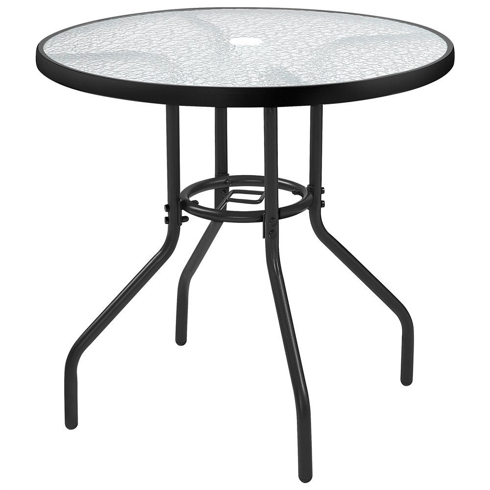 Yaheetech Gartentisch, rund Ø80 cm, mit Schirmloch & Glasplatte