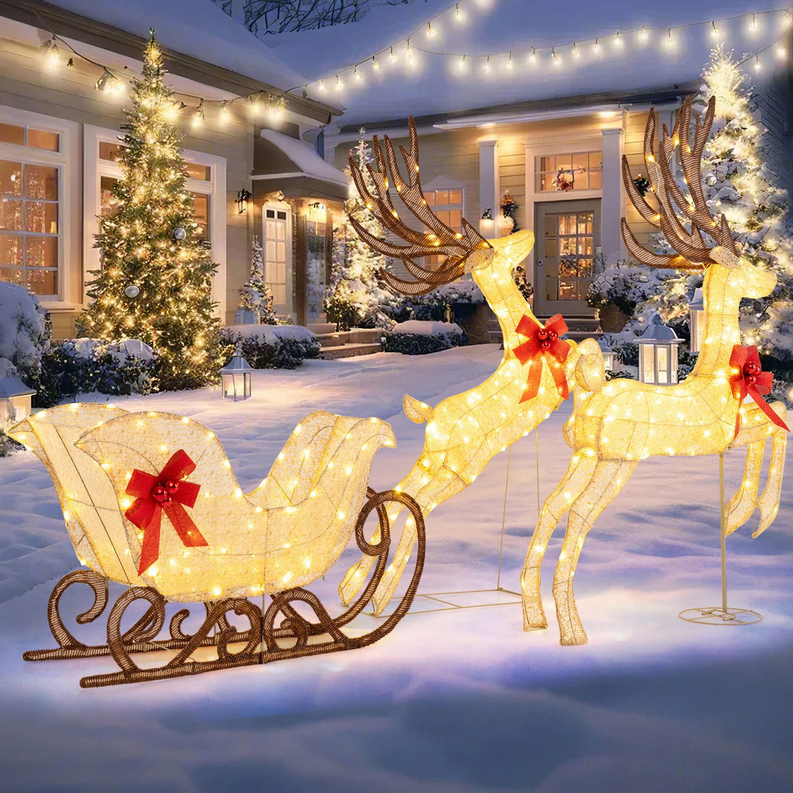 COSTWAY Weihnachtsfigur LED Rentier mit Schlitten, 3-tlg. Weihnachtsdeko, XXL, für Außen & Innen