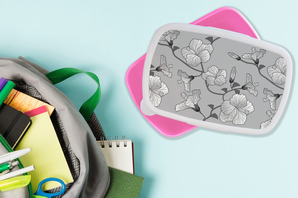 Kunststoff Brotdose Brotbox - Erwachsene, Kunststoff, rosa Lunchbox Snackbox, - Muster, Tropisch - Grau für Kinder, Hibiskus MuchoWow Mädchen, (2-tlg),