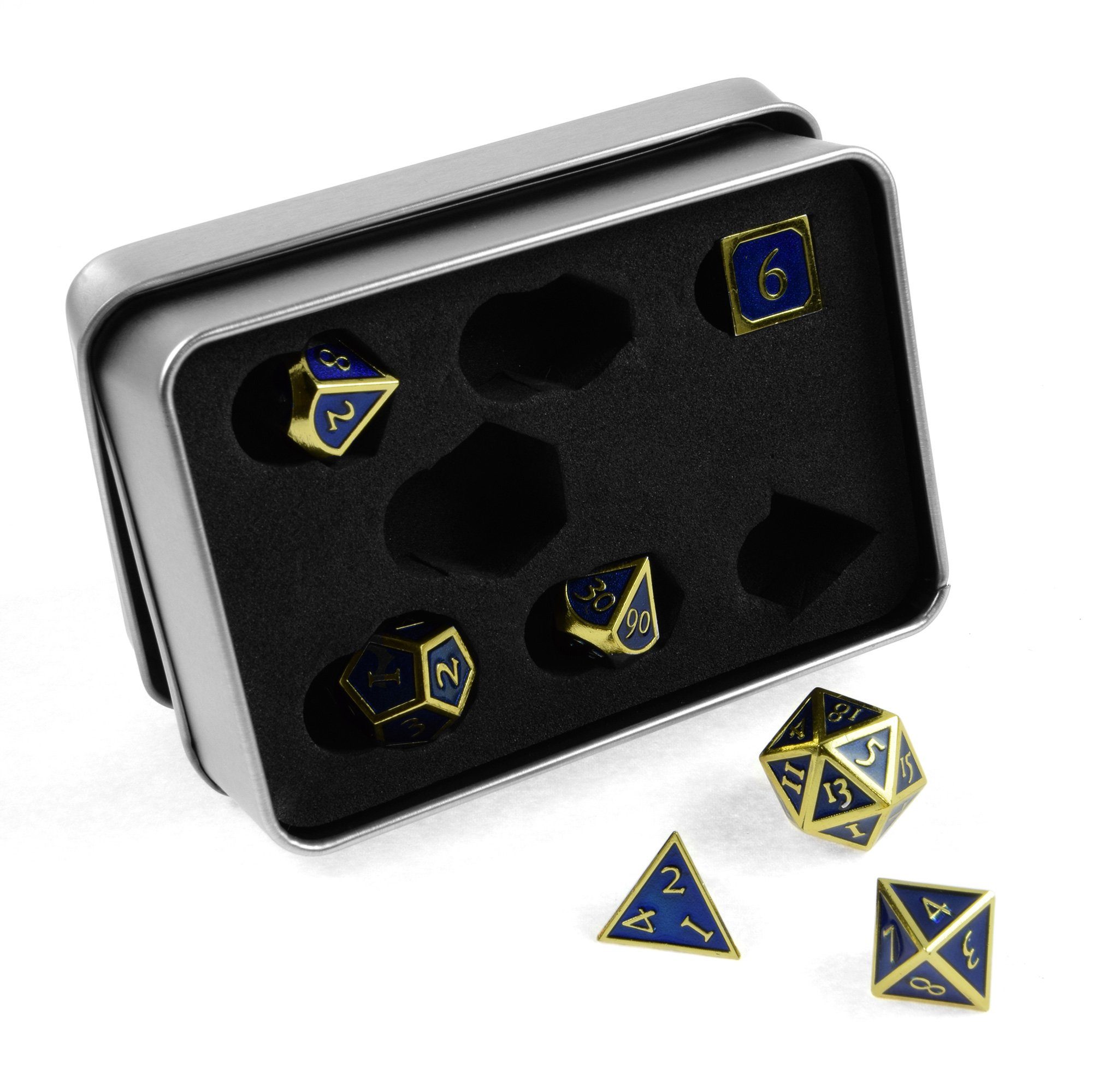 SHIBBY Spielesammlung, 7 polyedrische Metall-DND-Würfel in Steampunk Optik, inkl. Aufbewahrungsbox Gold/Blau