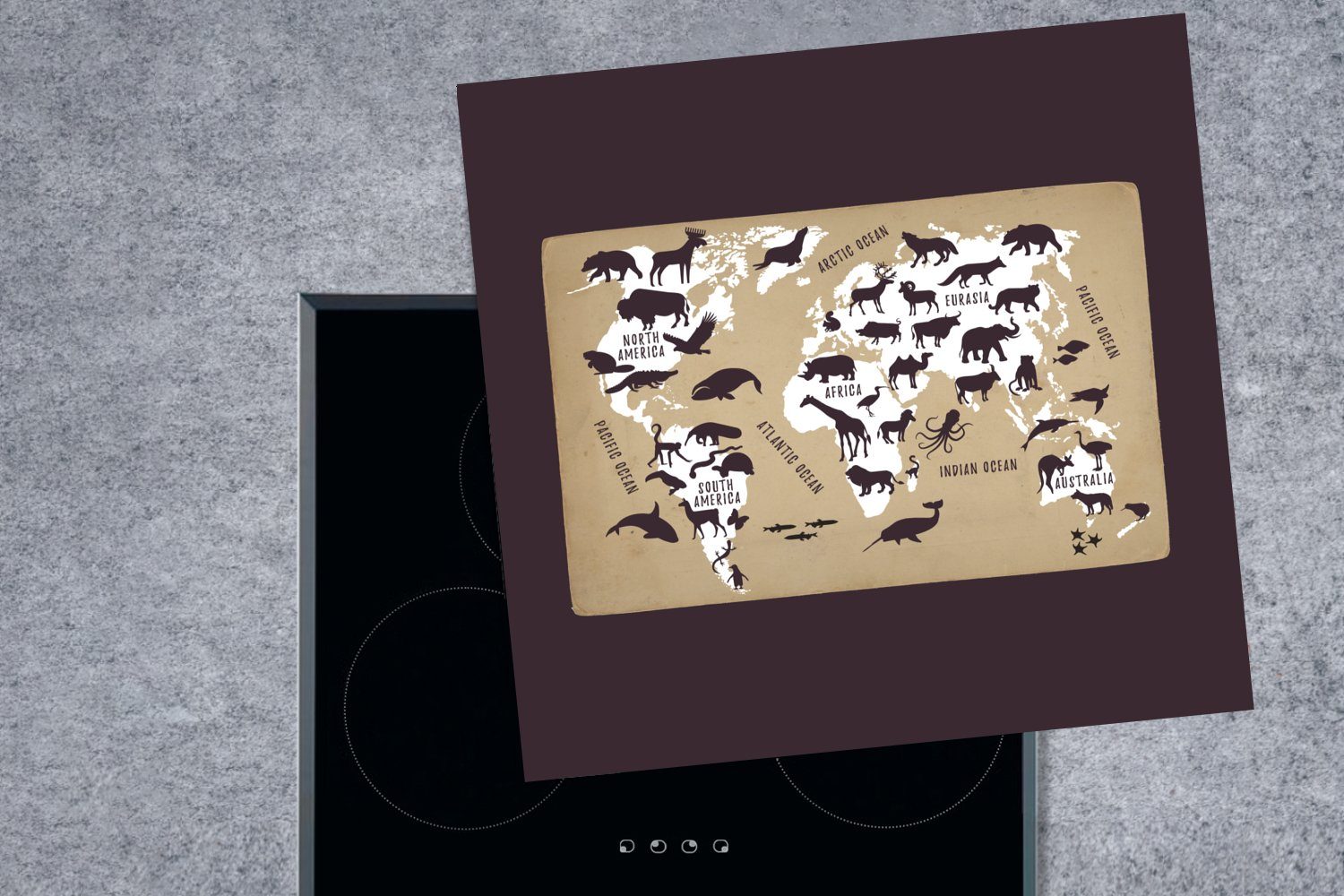 - küche Weltkarte (1 Kinder 78x78 MuchoWow Herdblende-/Abdeckplatte Vinyl, Arbeitsplatte Braun, für cm, Ceranfeldabdeckung, - Weiß tlg),