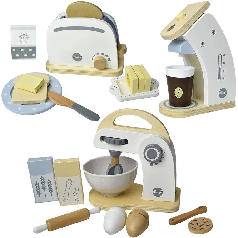 Meppi Kinder-Haushaltsset Mixer, Kaffeemaschine und Toaster aus Holz