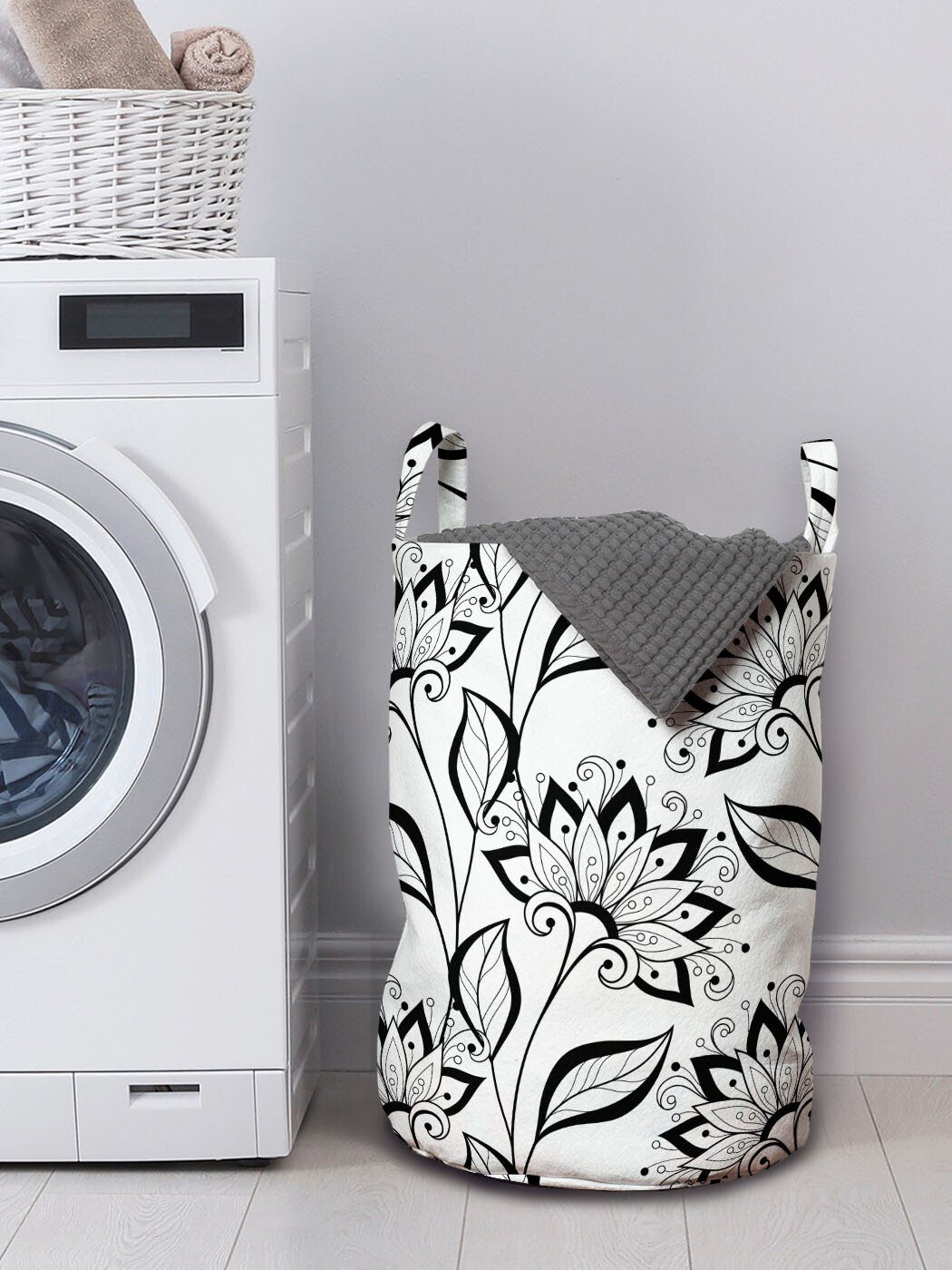 Wäschesäckchen Abakuhaus Griffen Floral Wäschekorb mit Waschsalons, für Kordelzugverschluss Handgezeichnete weiß und Schwarz