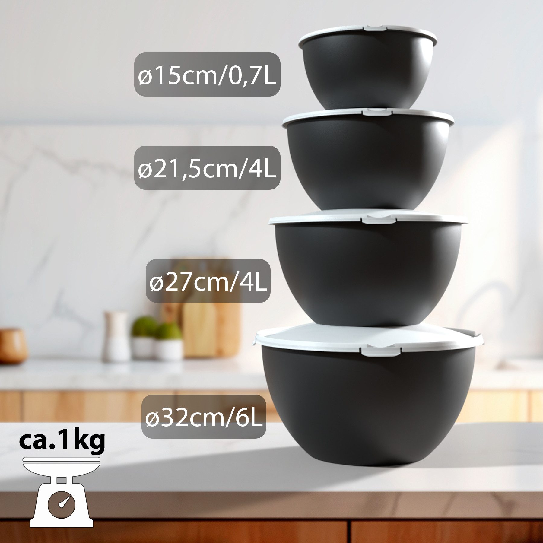 BigDean Salatschüssel Set groß mit Deckel, 4 Größen 0,7-6 L in Anthrazit Schwarz, Kunststoff, (Set, 1-tlg), BPA-Frei, Spülmaschinenfest, Pflegeleicht, Alltagstauglich