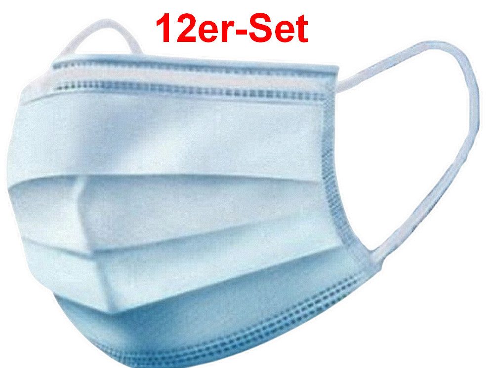 DIW Mund-Nasen-Masken 12er oder 50er-Set 3-lagige Mundschutzmasken – hautfreundlich, Sparset, 12-St., 12-teilig oder 50-teilig, zertifiziert nach EN 149:2001+A1:2009