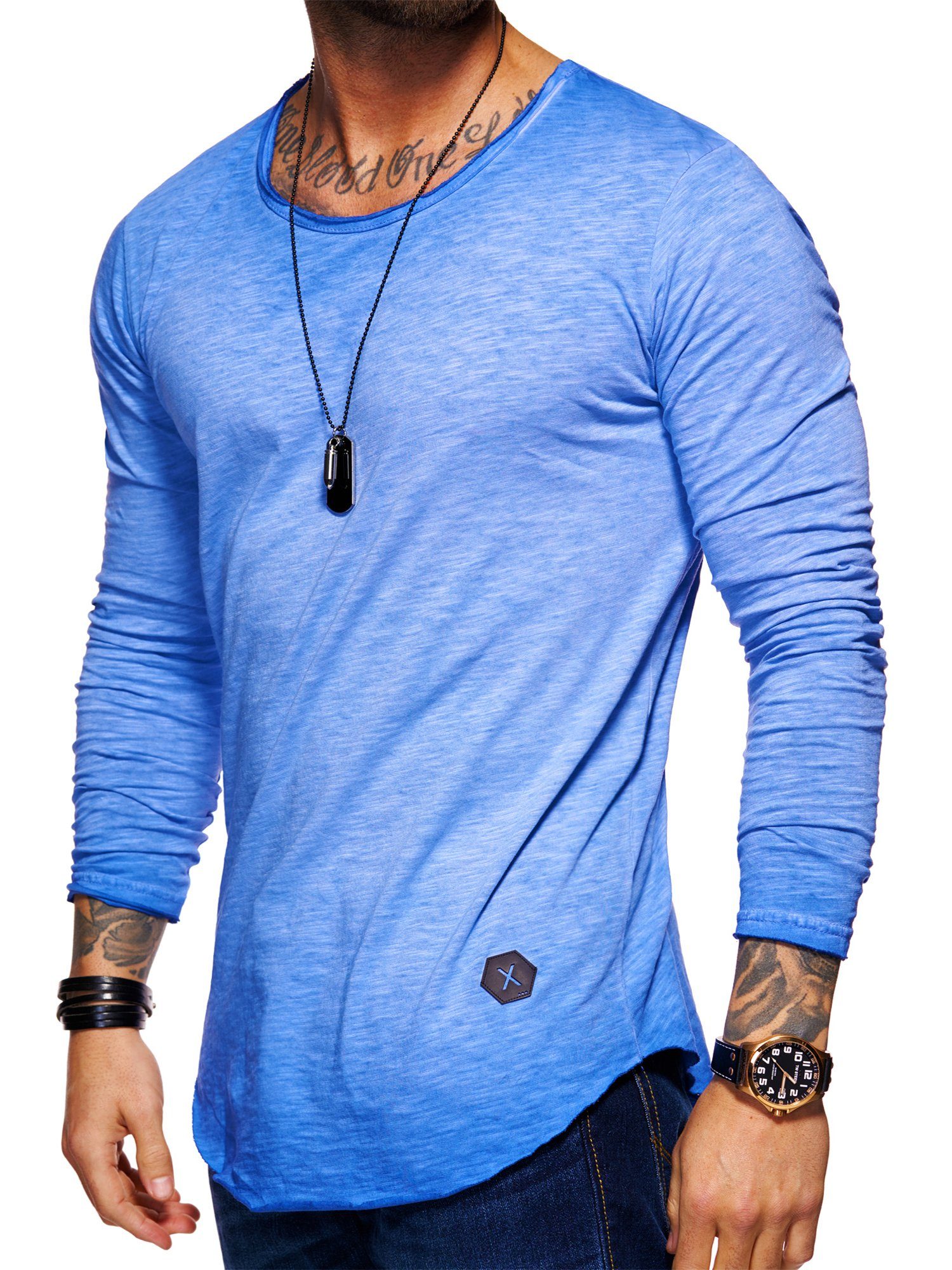 Style-Division Longsleeve SDDENTON Basic O-Neck im Oversize-Look Blau-Washed