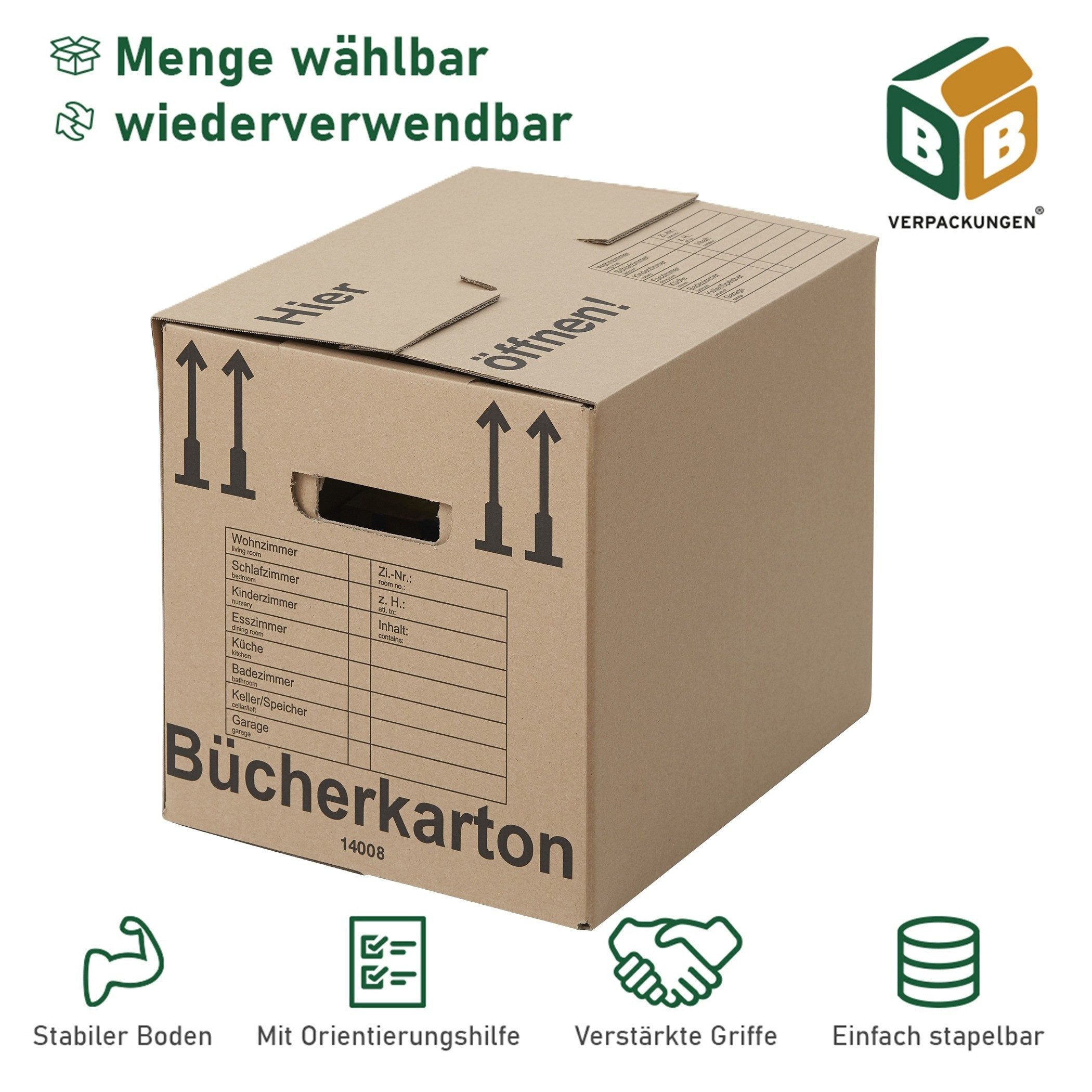 BB-Verpackungen Umzugskarton Bücherkarton Compact, 2-wellig, 40kg Traglast, 400 mm x 318 mm x 328 mm